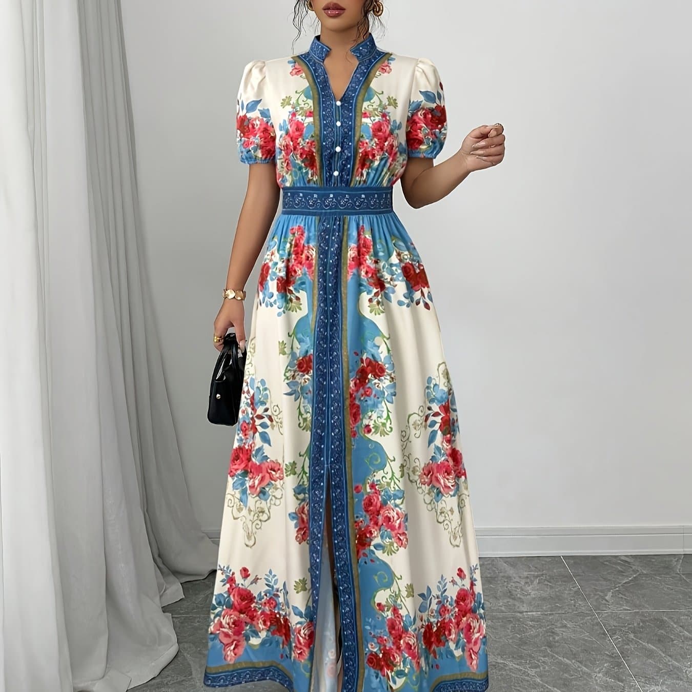 TEMU Dj0416074 Spring And Summer Floral Print Button-decorated Elegant Dress