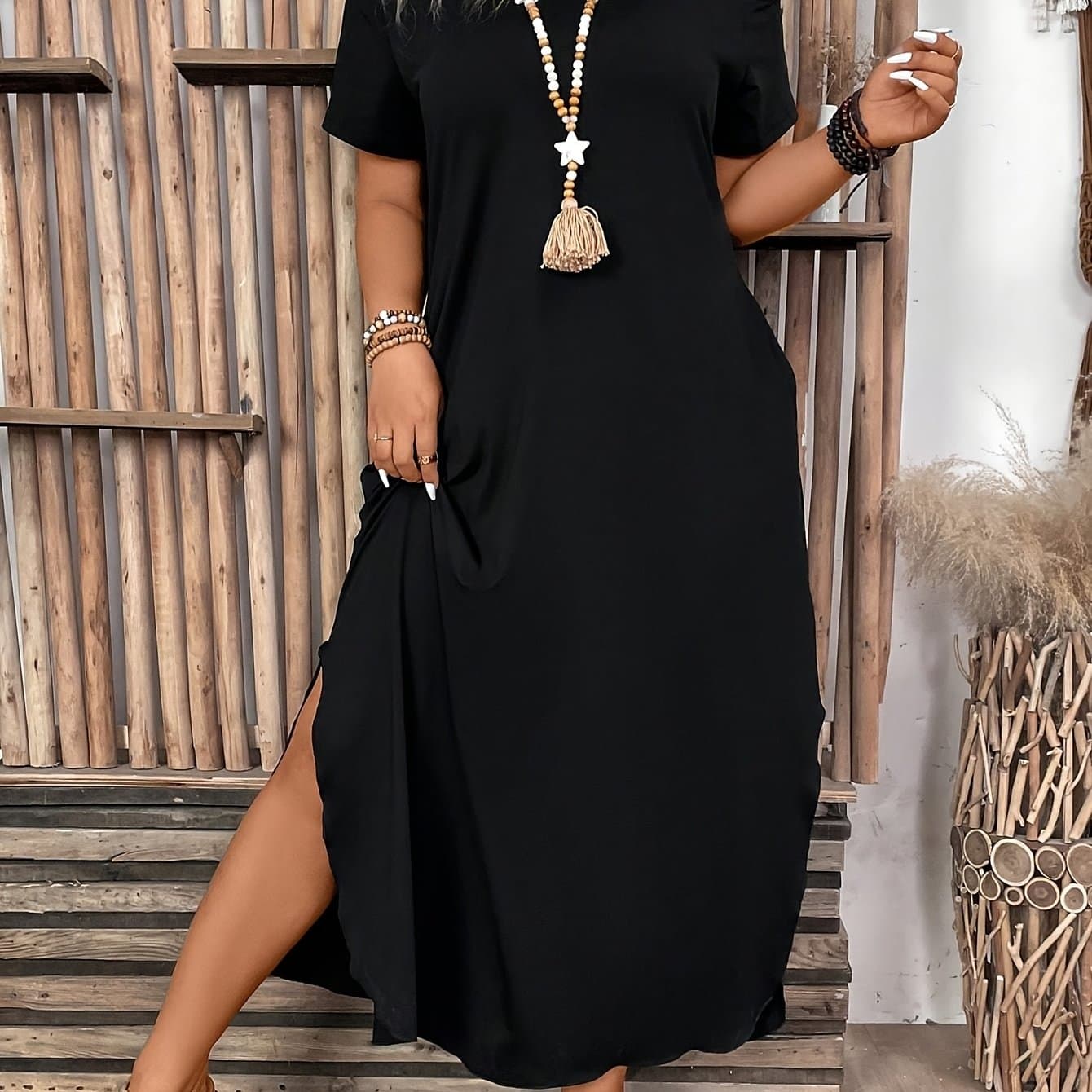 TEMU Plus Size, Plus Size Long Dress, Solid Color, Style, Off-shoulder Design, Side Pockets, Slit Hem, Casual Look
