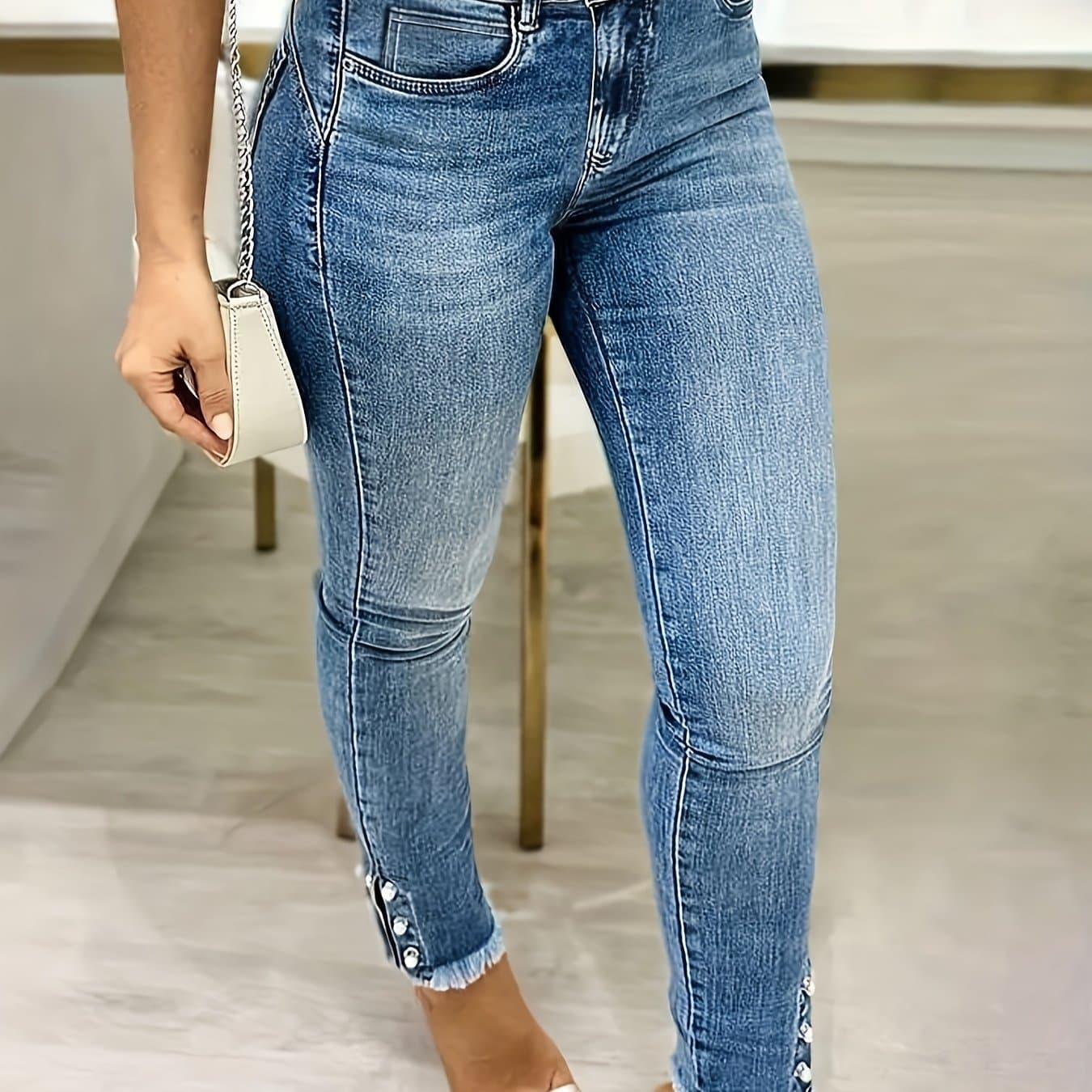 TEMU Hme Stretch Slim-'s Jeans With Unique Studded Ankle Accents, Versatile Style, Slim Fit,