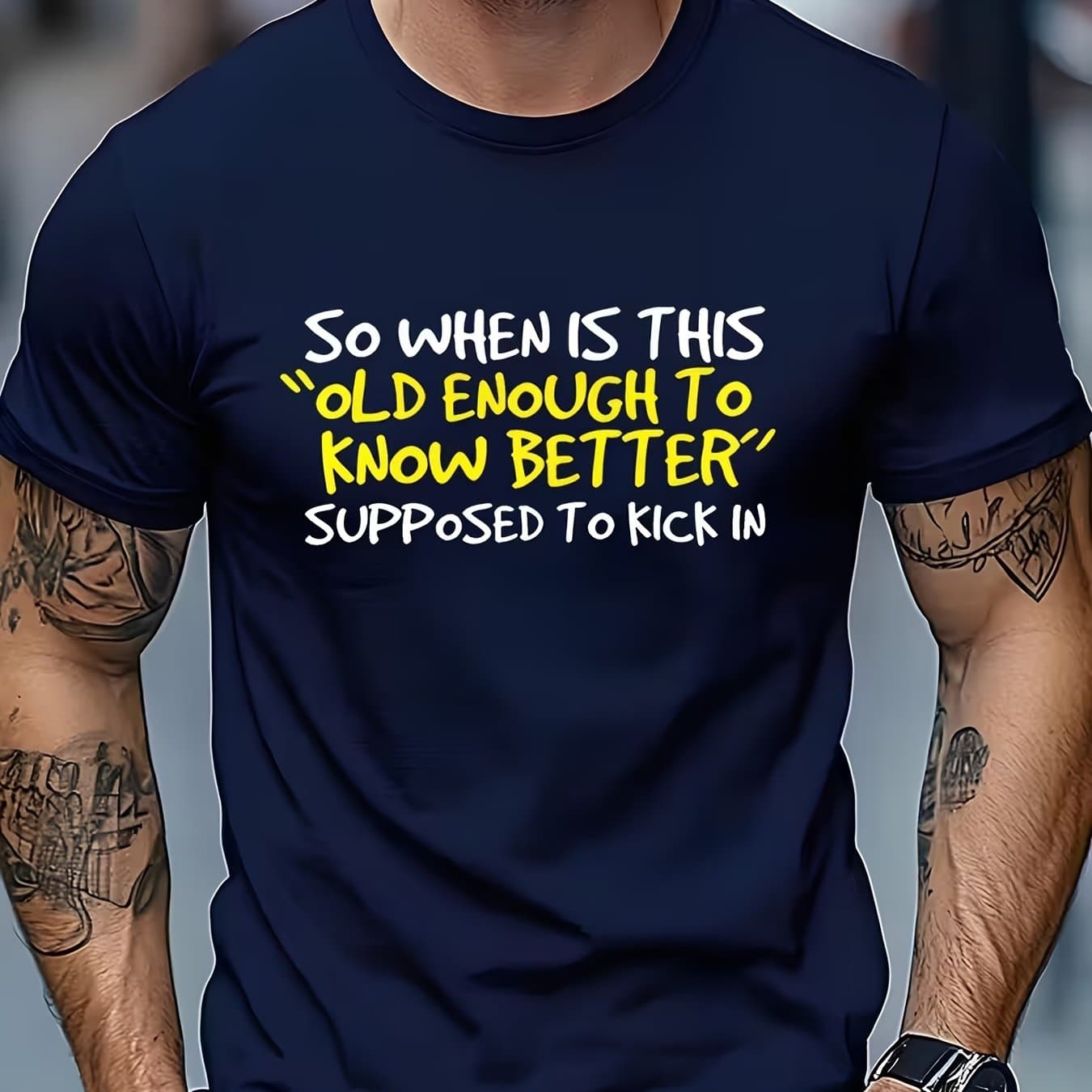 TEMU Men's Outdoor Leisure Sports T-shirt, Men's Funny Satirical - "when Did ' To Be ' Begin?" Black, White And Yellow Print, Slightly Elastic Knitted Fabric, Comfortable In All