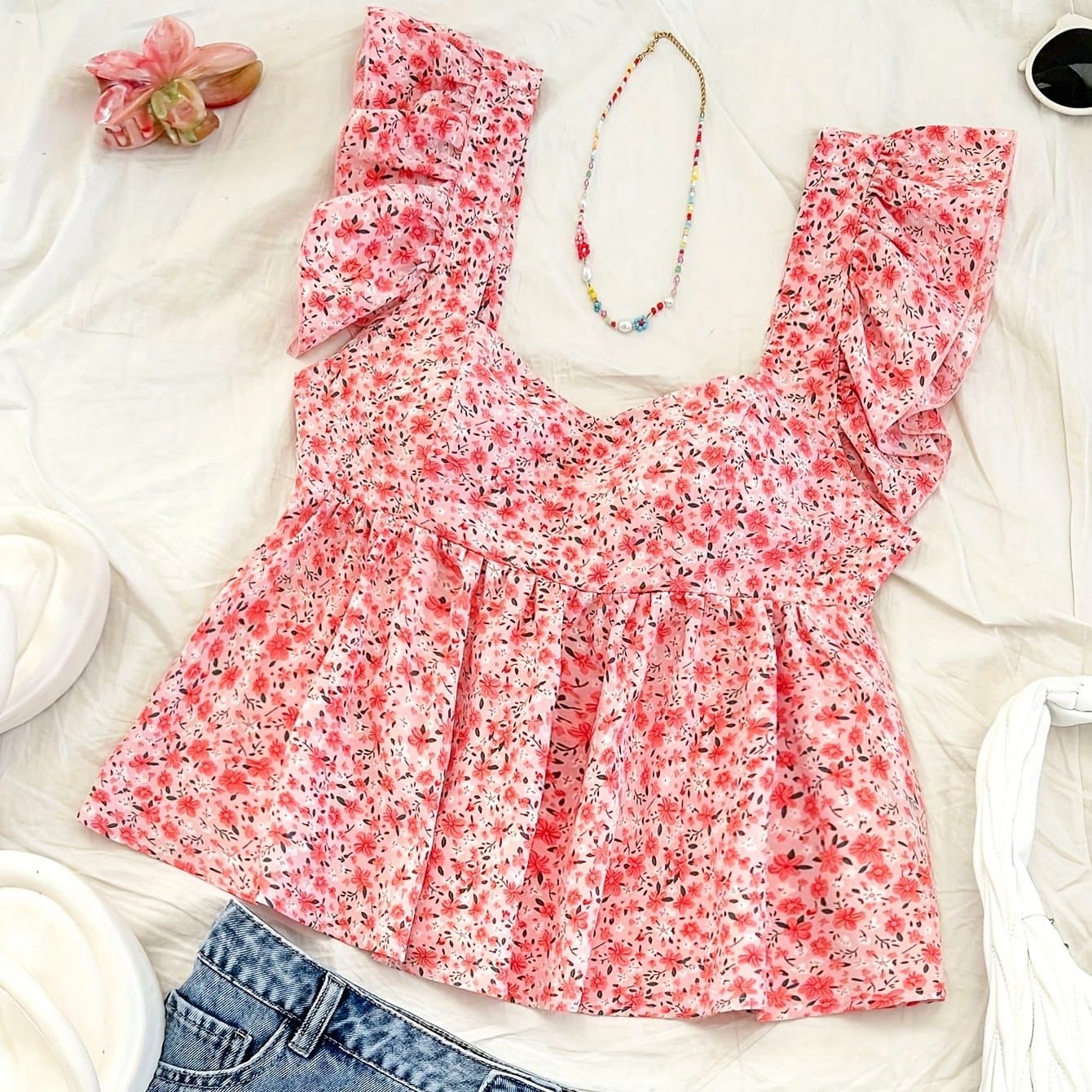 TEMU Women's Floral Print Collar Ruffle Sleeve Shirt, Cute Layering Top