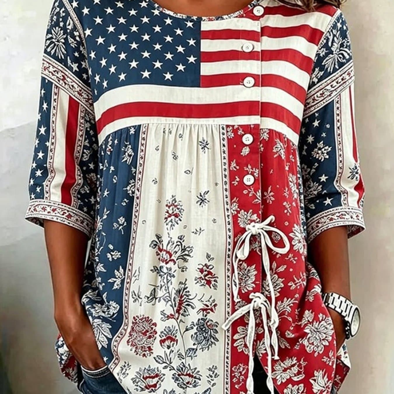 TEMU Plus Size - Plus Size - Women's Plus Size American Flag And Print Shirt, Patriotic Bohemian Lightweight Summer Shirt With Drawstring Waist, Casual Plus Size Top For Everyday Wear