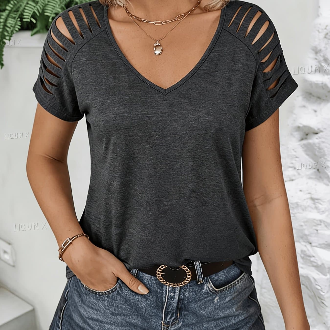 TEMU (a17) Women's Sheer Short-sleeved Solid-color T-shirt (v-neck Style), Ideal For Fashionable Outfits