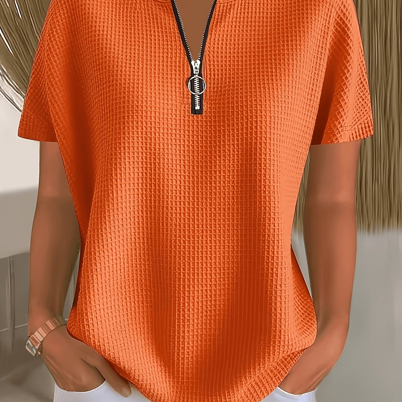 TEMU Women's Elegant Fashion Loose Solid Color Zipper Detail Easy Short Sleeve Top thumbnail 2