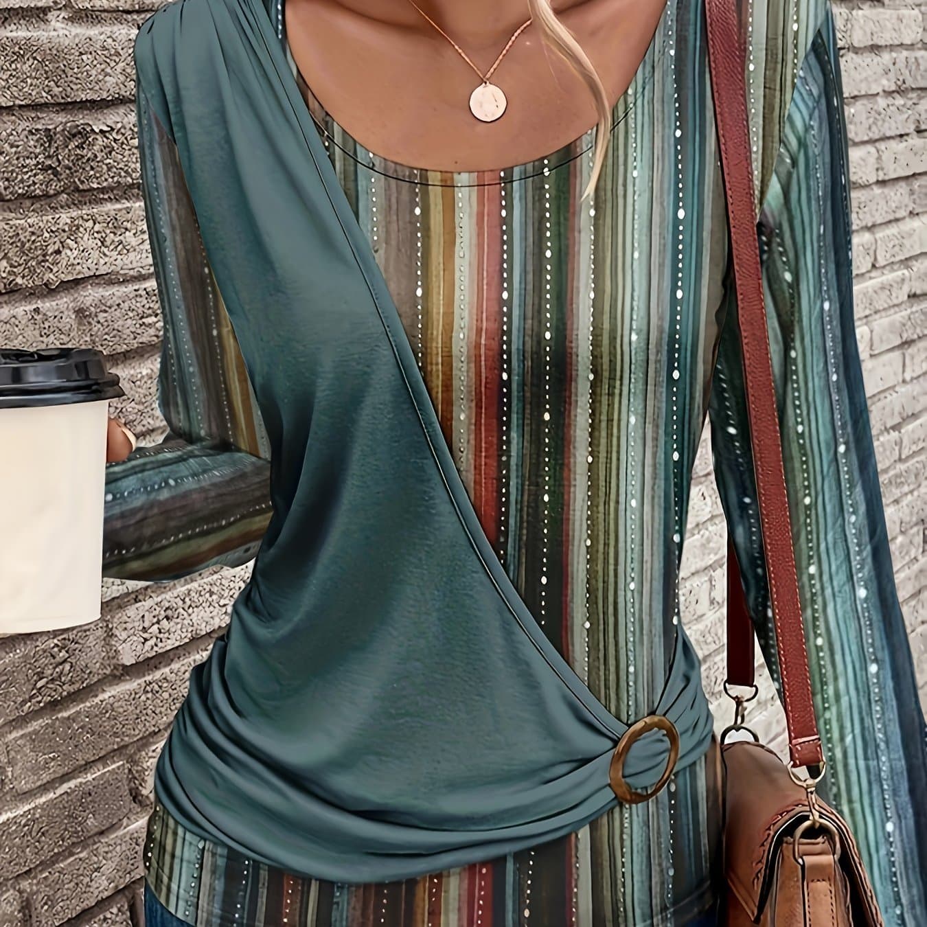 TEMU Autumn/spring New Long-sleeve Round Neck Printed T-shirt With Circle Decoration Casual Top