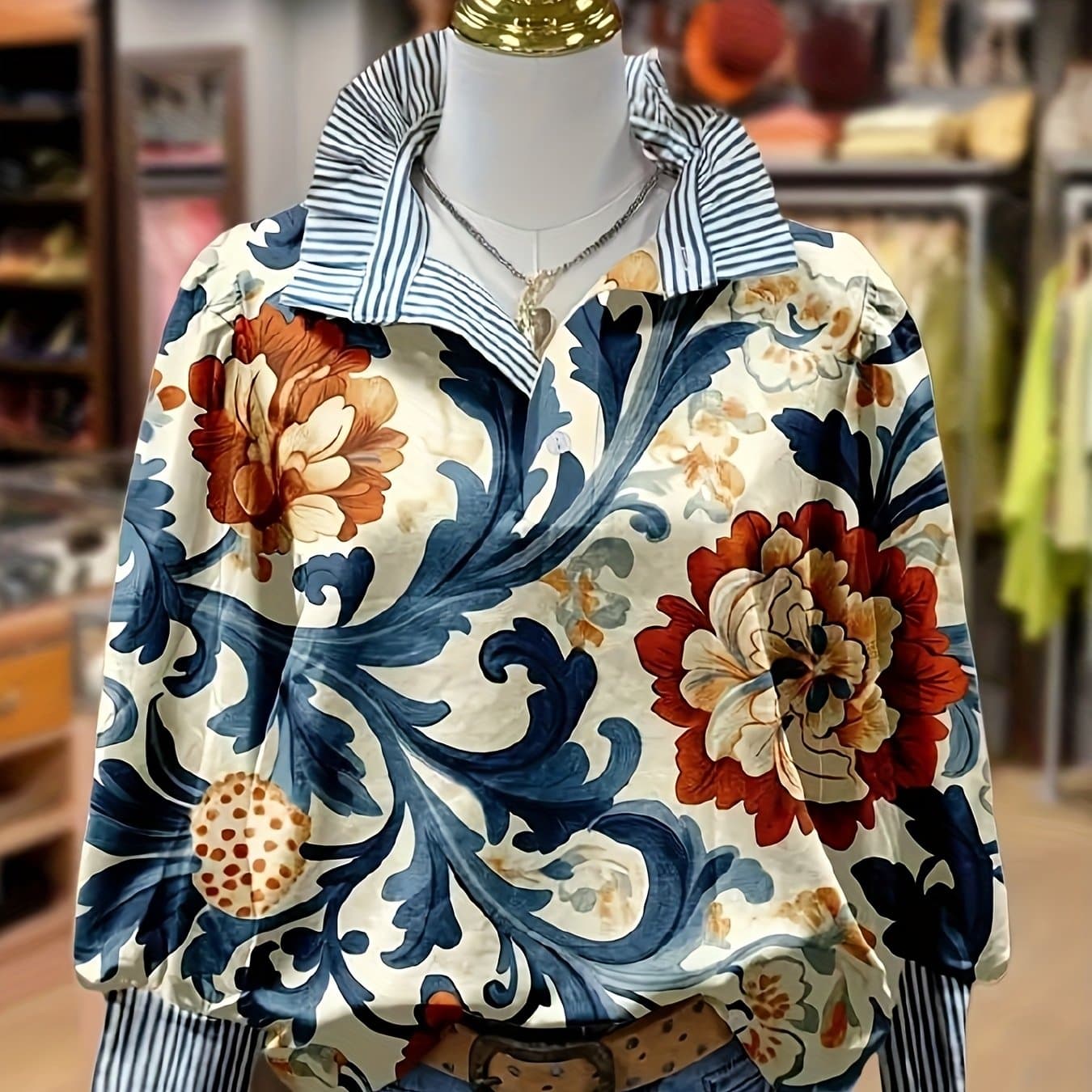 TEMU Women's Printed Shirt With Striped Bow Tie Pullover Long Sleeve Casual Blouse