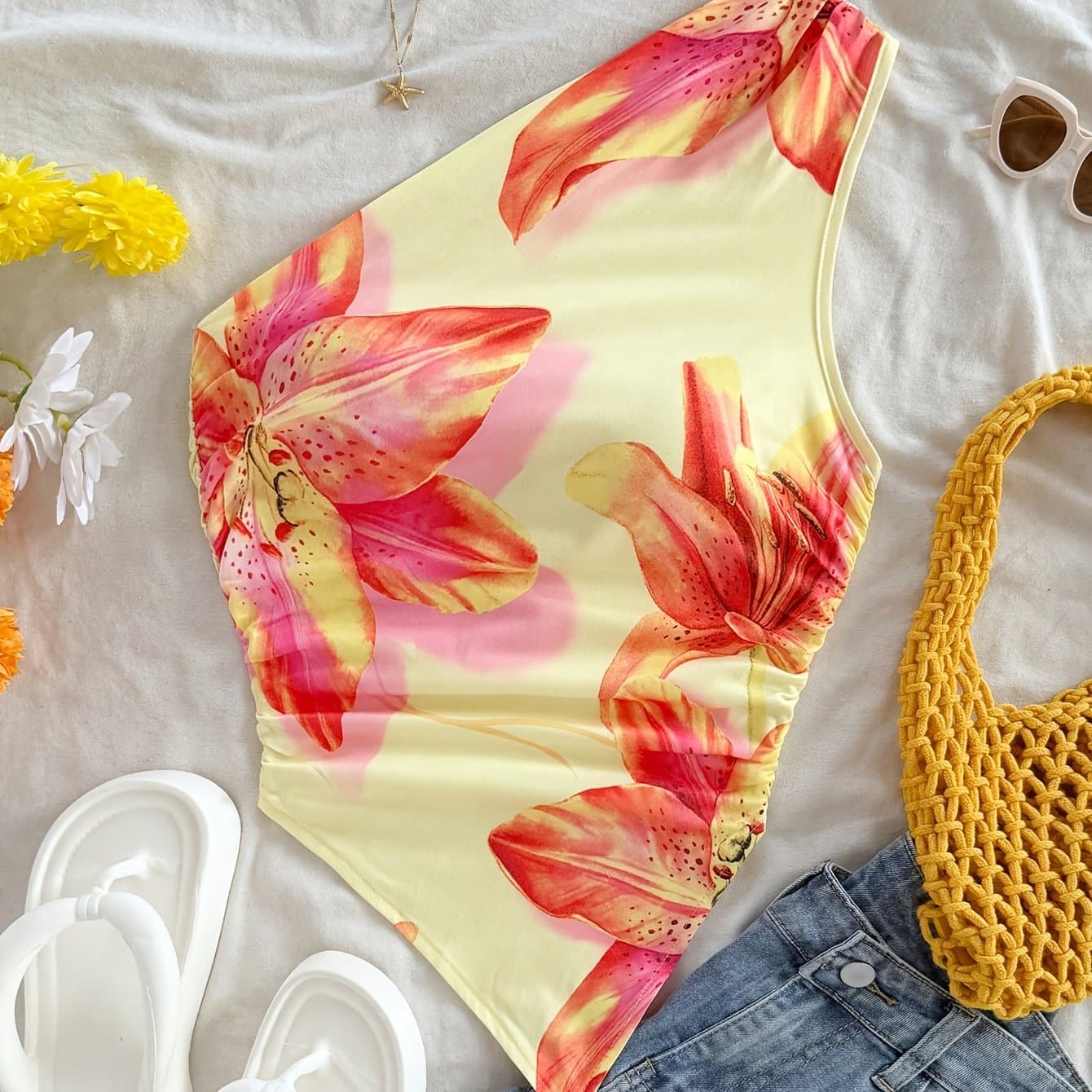 TEMU Spring Summer Asymmetrical Off-shoulder Floral Top, Summer Flowers, Off-shoulder Fashion -- Floral Print Off-shoulder Top