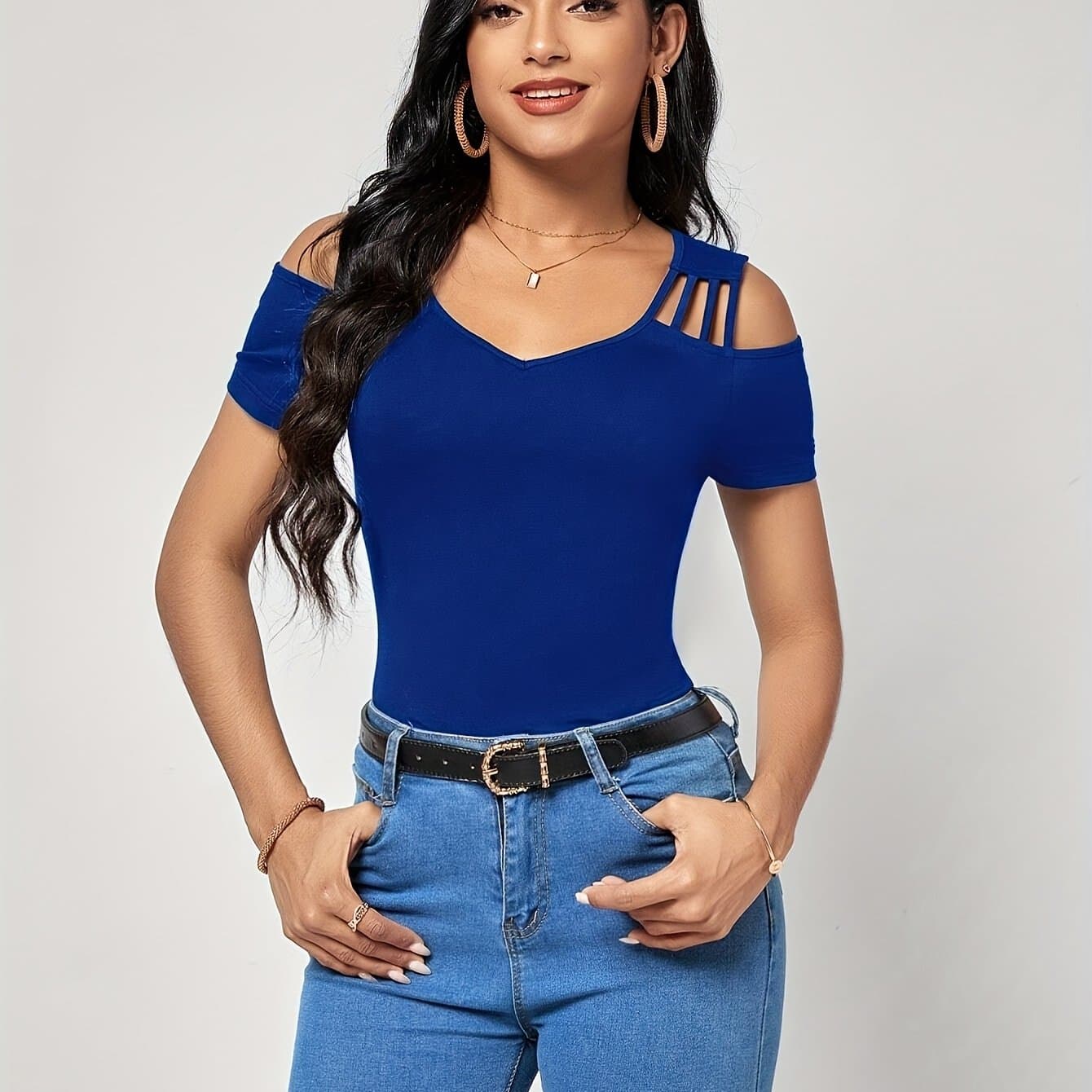 TEMU Women's Fashion Hollow Out Short Sleeve V-neck T-shirt