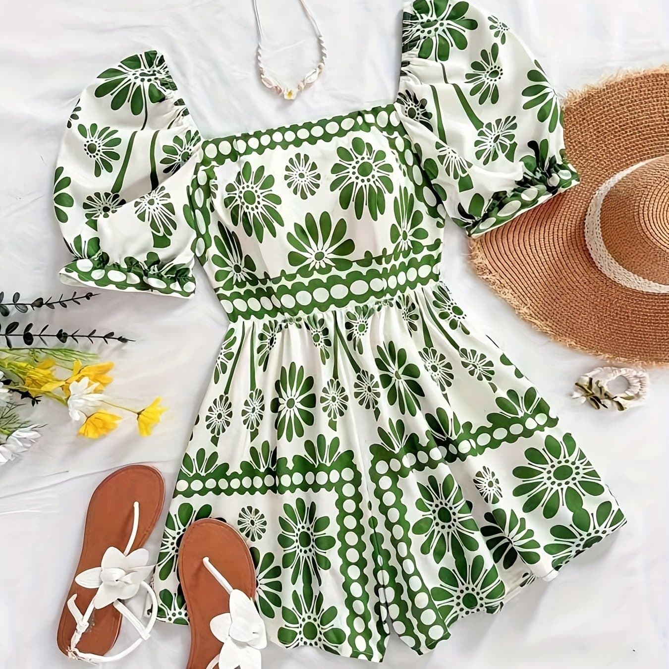 TEMU Women's Vacation Floral Print Puff Sleeve Square Neck Jumpsuit