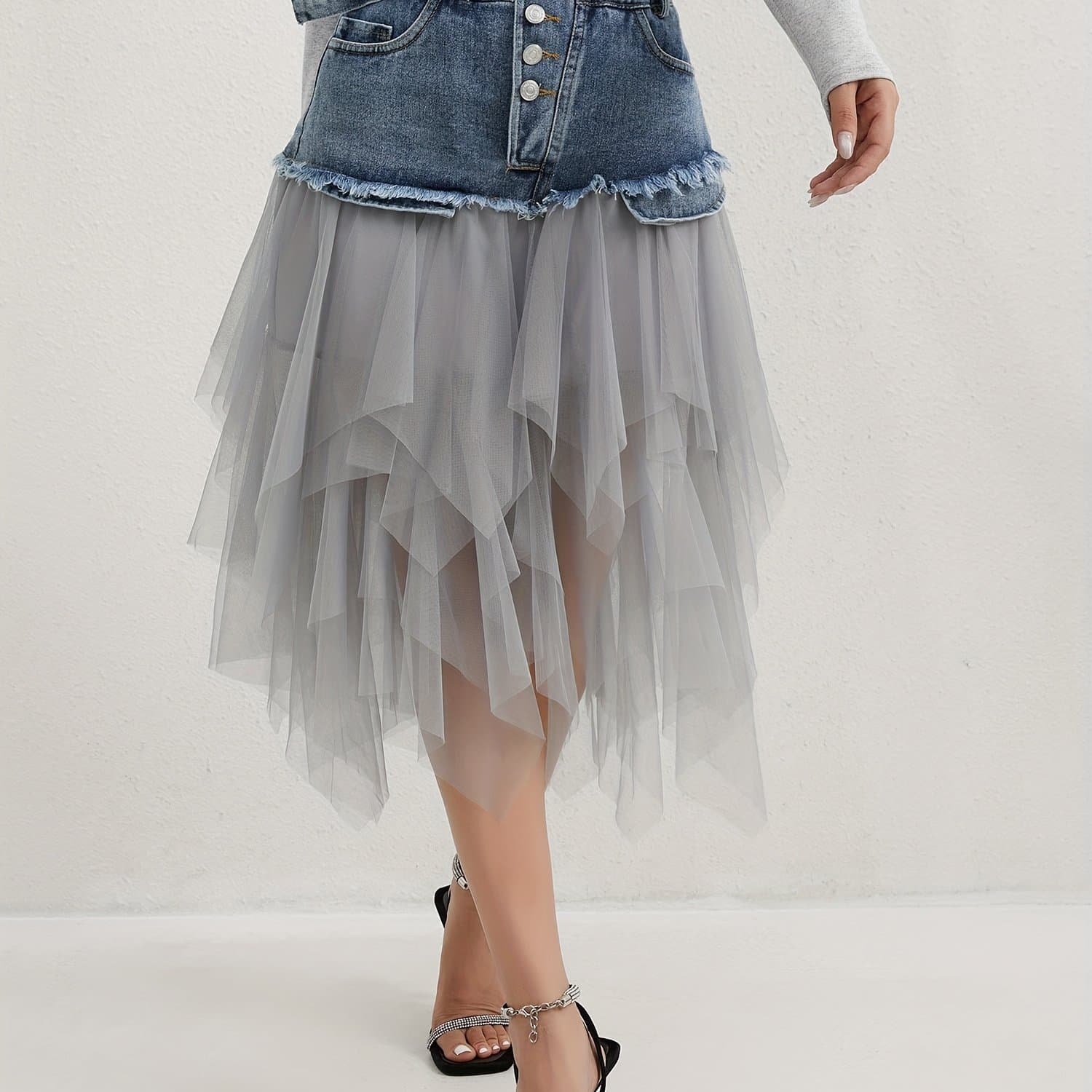 TEMU A Midi Skirt For Spring, Summer, And Autumn, Combining Denim And Tulle With A Trendy -edge Hem