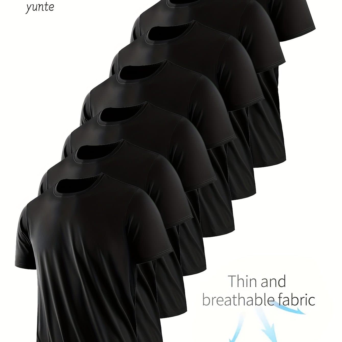 TEMU 7pcs Yunte Men's Black Round Neck T-shirts - Quick-dry, Breathable, Sweat-wicking Fabric, Gym, Running & Fitness, Polyester, Spring/summer/autumn, Gym Shirts