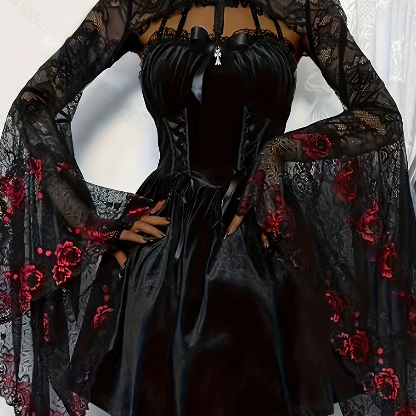 TEMU Gothic Style Semi-transparent Guipure Lace Top, Vintage Flare Sleeve Shawl Top For Performance & Halloween, Women's Clothing