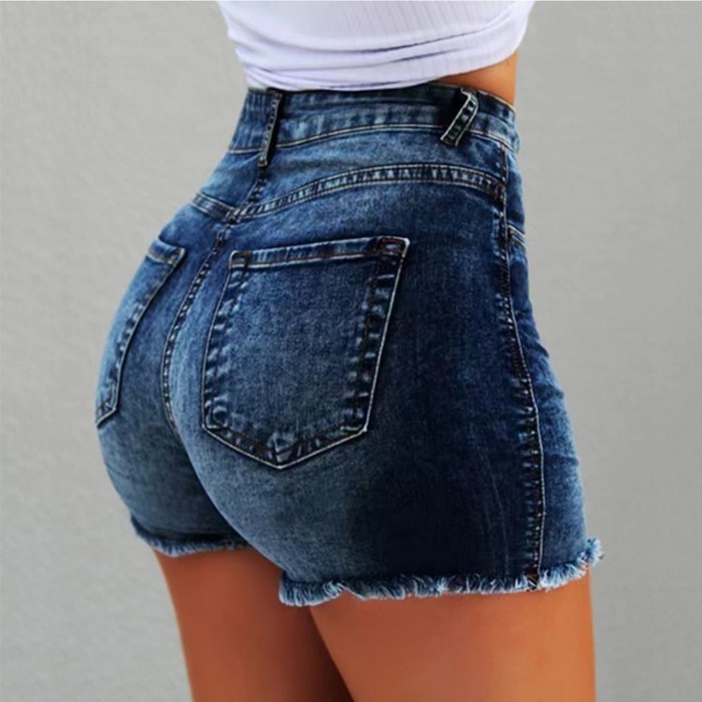 TEMU Women's High-waist Denim Shorts With Fringe Hem - Casual Summer Hot Pants, Machine Washable Solid For Spring/summer Outfits, Casual Attire, Highwaisted Design, Quality