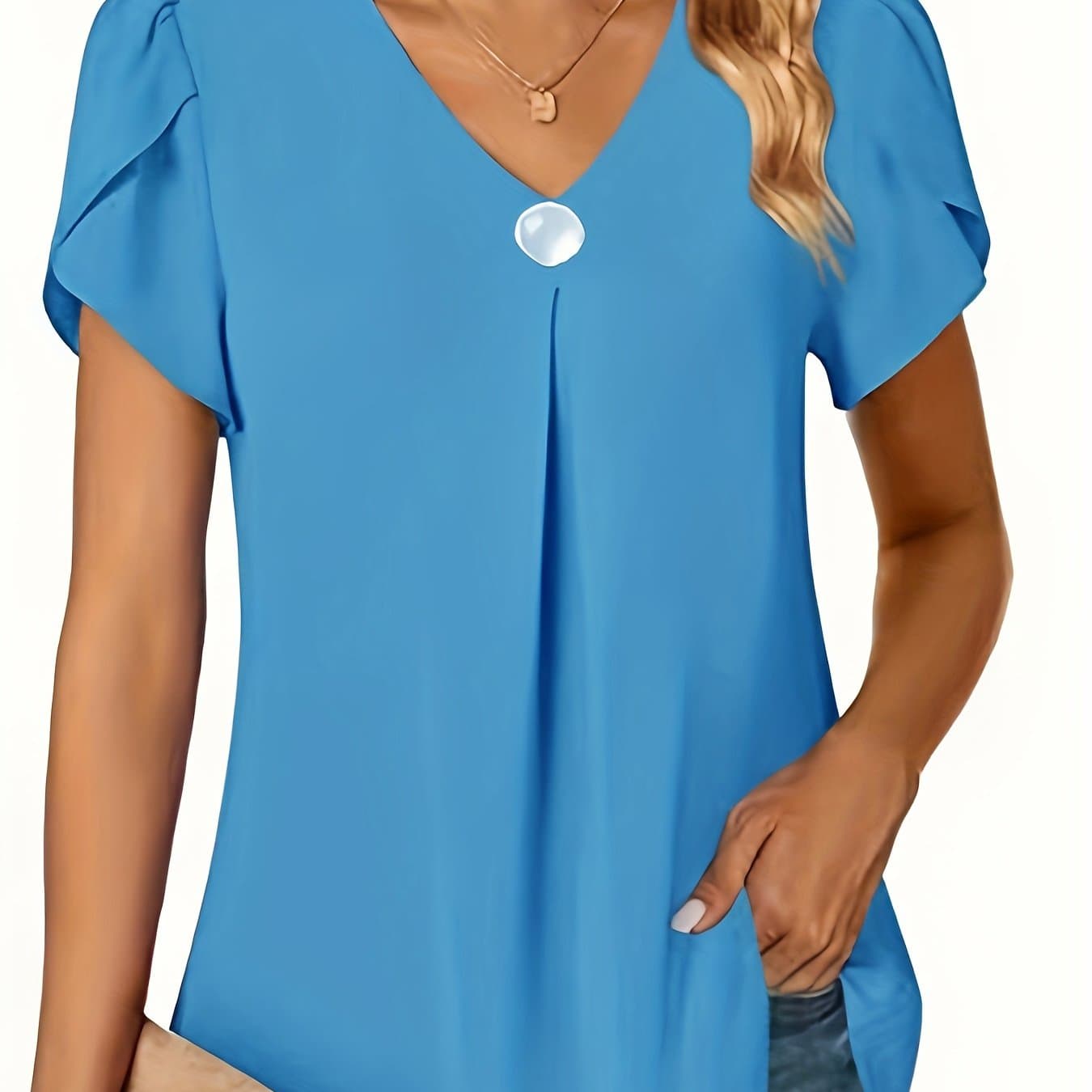 TEMU 2024 Women's Fashion Chiffon V-neck Ruffle Short Sleeve Cinched Waist Single-button Blouse