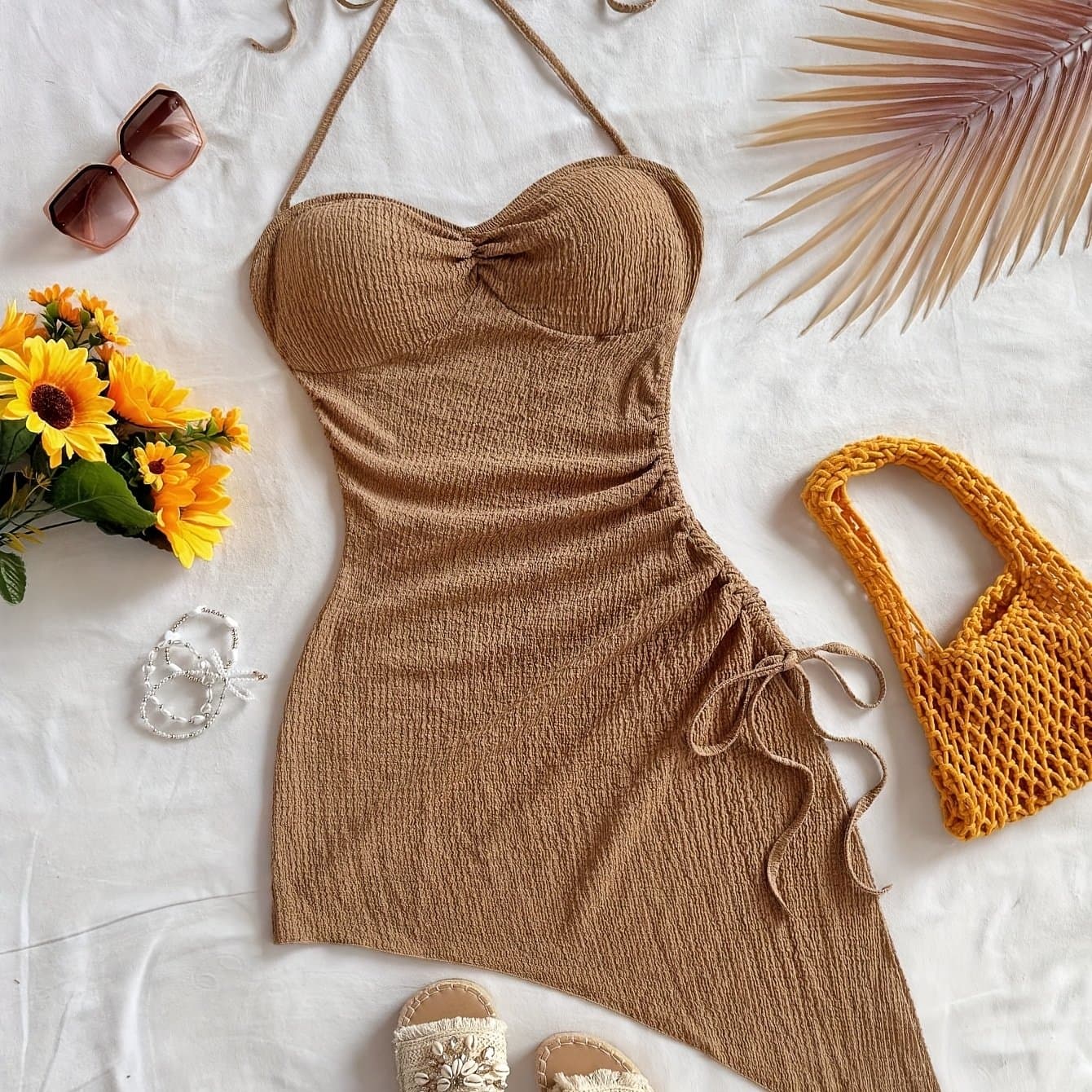 TEMU Asymmetrical Hem Dress Made Of Textured Fabric With Vacation-style Straps