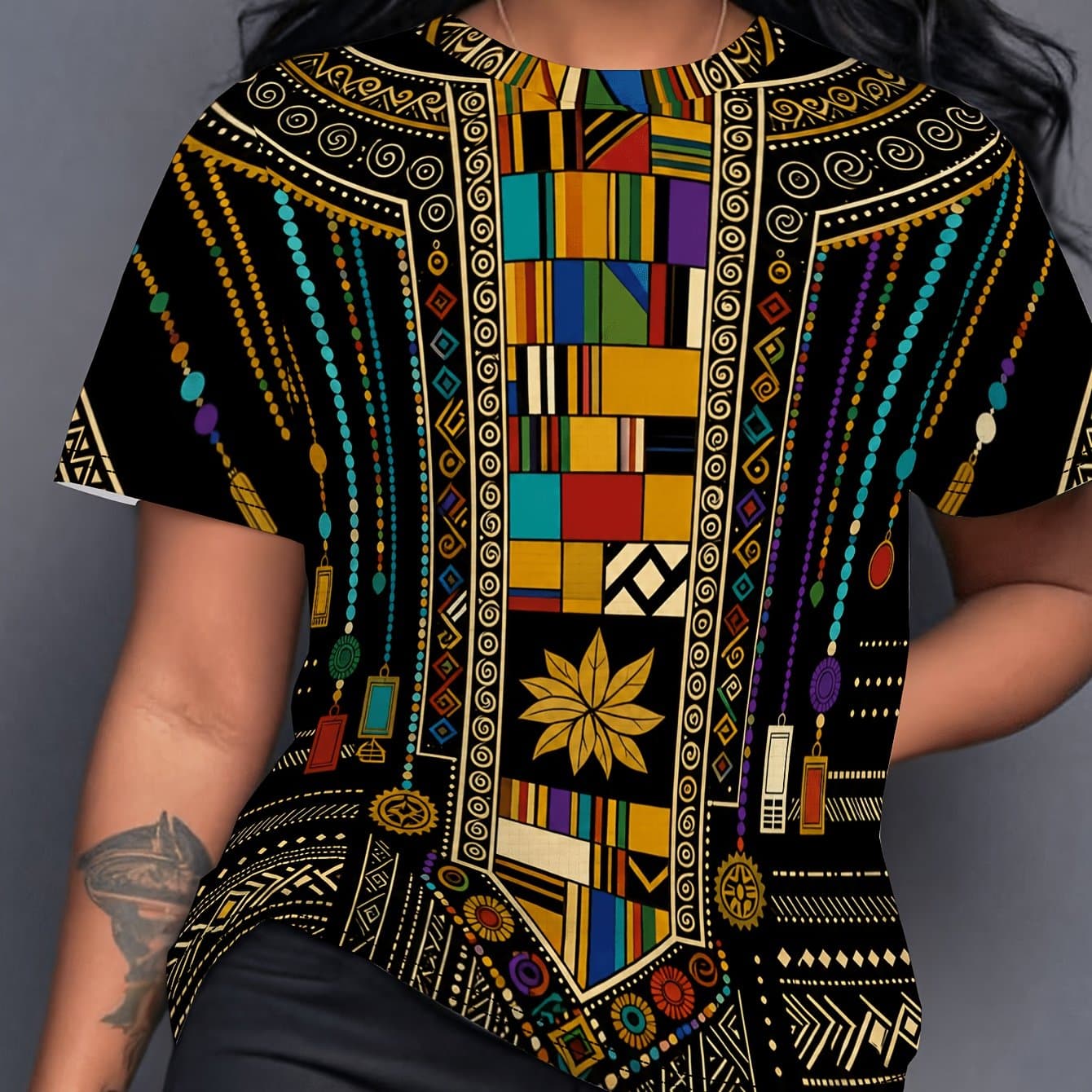 TEMU Women's Beaded T-shirt - African Motif Short Sleeve Round Neck Top, Machine Washable Casual Summer Beachwear Suitable For Vacation, Daily Wear & Outfits, Gift