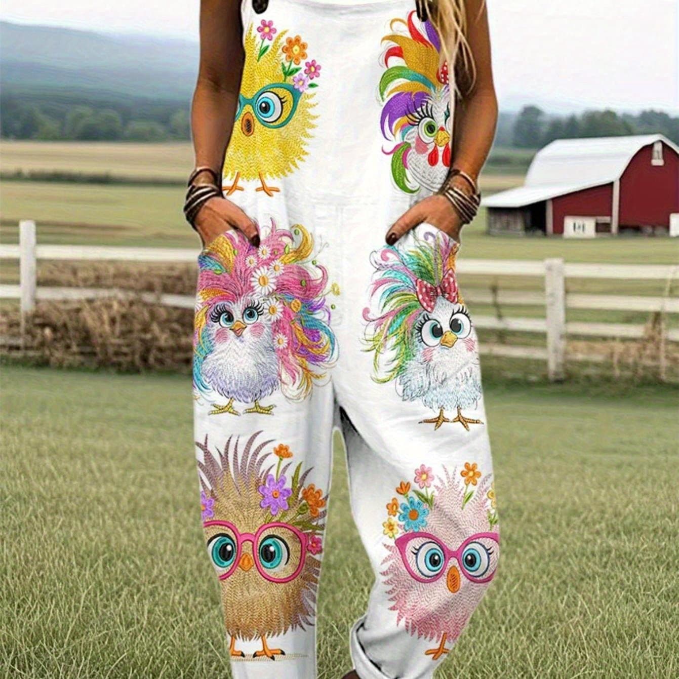 TEMU Women's Summer 3d Printed Overalls, Cartoon Chicken Pattern Loose Slim Fit Casual Pants Versatile Suspender Jumpsuit, Machine Washable