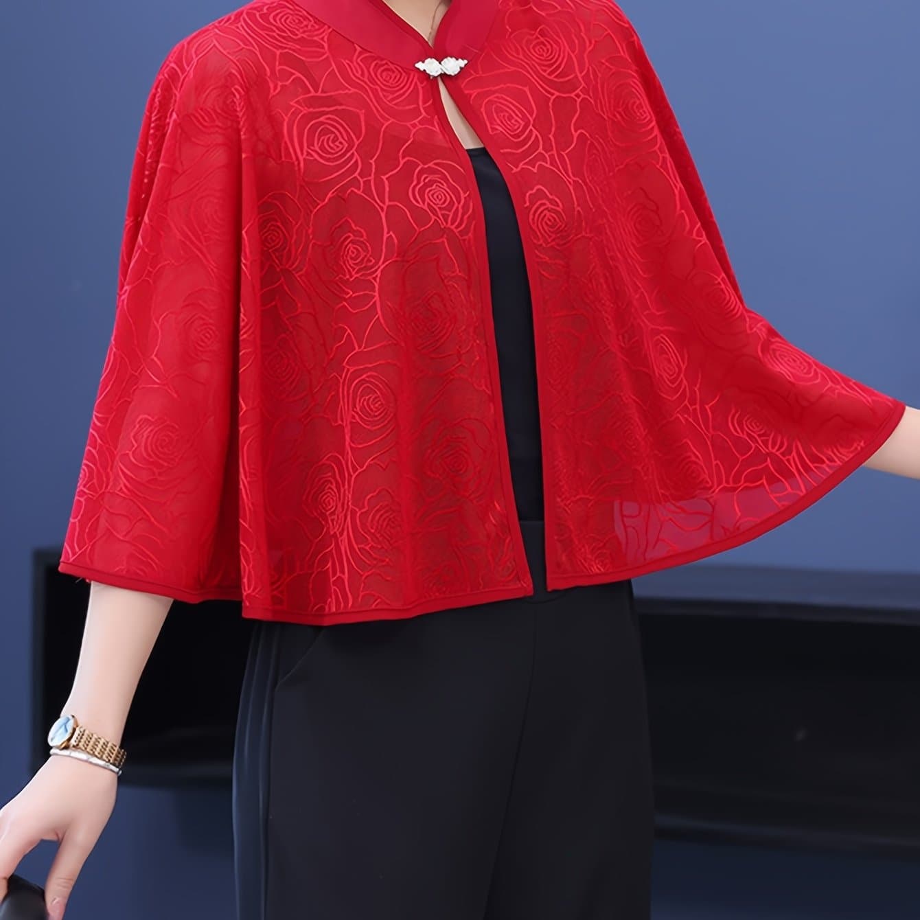 TEMU Elegant Cheongsam Shawl Outerwear Sunscreen Summer Thin Breathable Cape Coat Women's Vintage Chiffon Wrap Cardigan With Silvery Buttons For Wedding Evening Date