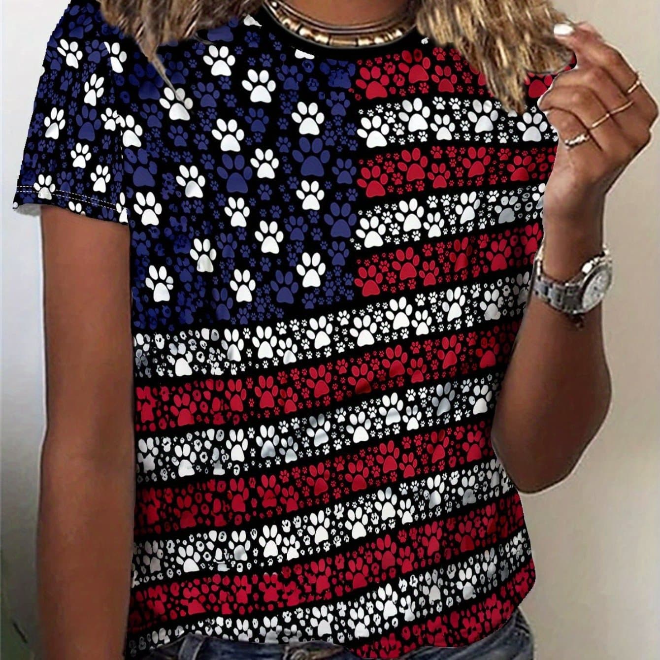TEMU Women's Patriotic Paw Print Graphic T-shirt - Casual Crew Neck Short Sleeve Tee, American With , Lightweight Polyester, Spring & Fall, Spring Summer Top | Crew Neck Shirt |