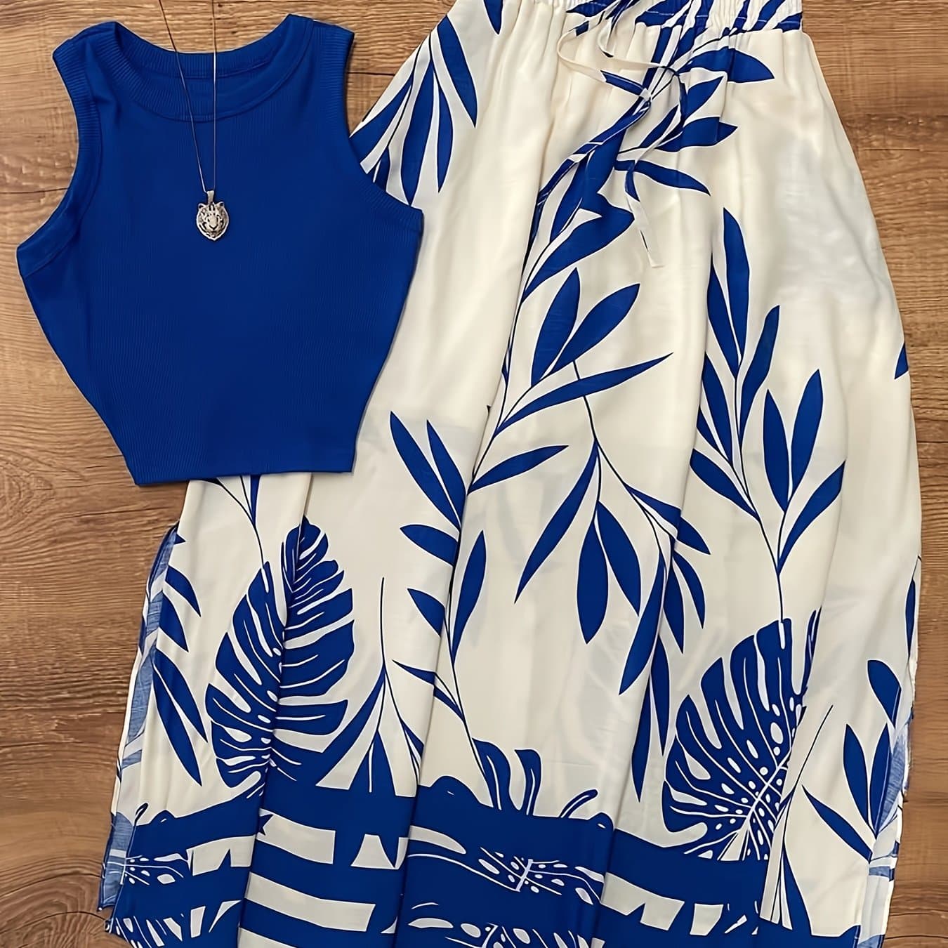 TEMU 2pcs Set Summer Women's Casual Vacation Tropical Print Half Skirt And Solid Sleeveless Top M11