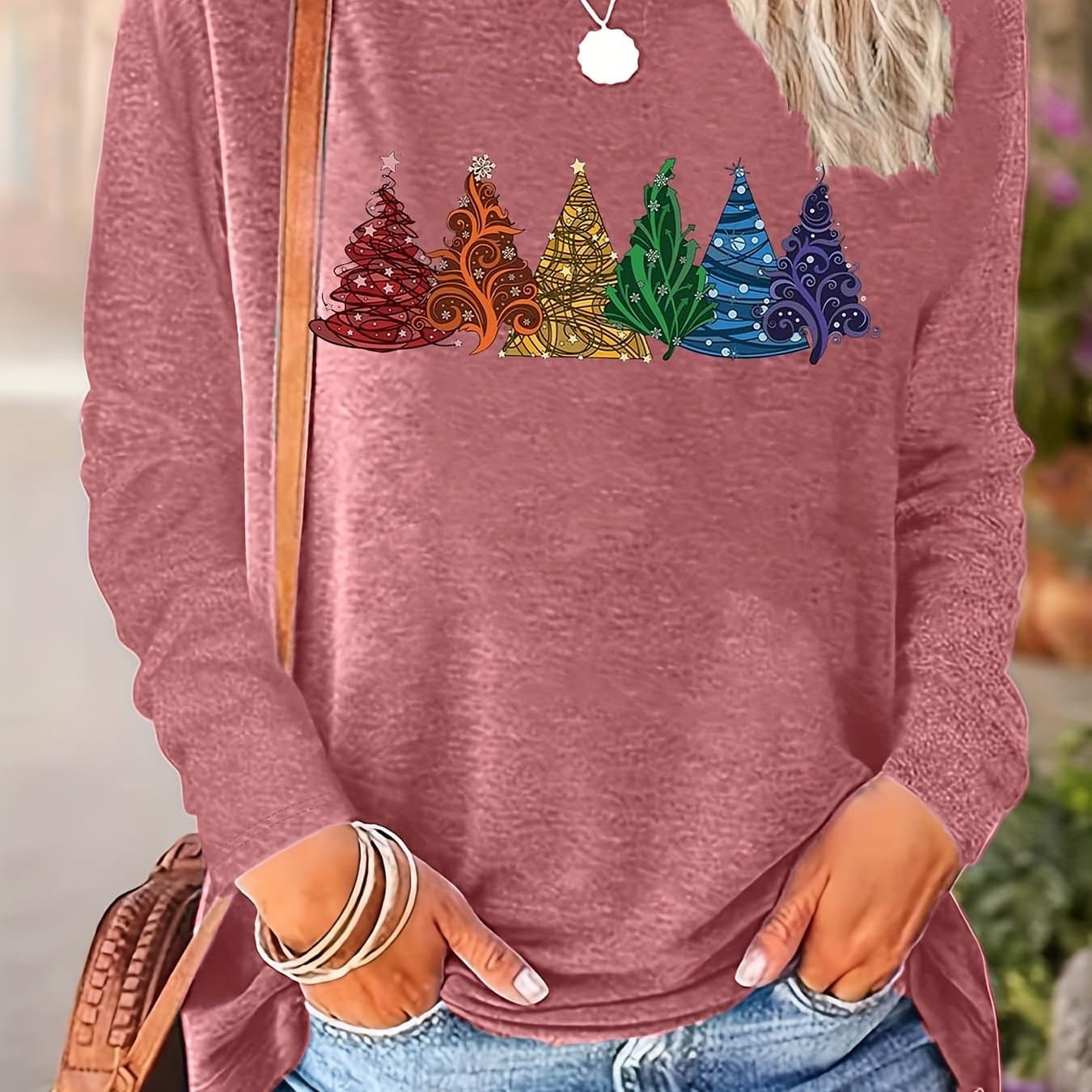 TEMU Christmas Spring/autumn New Arrival Positioning Print Crew Neck Long Sleeve Loose Layer T-shirt, Machine Washable - Suitable For Spring/autumn Daily Wear And Home Use