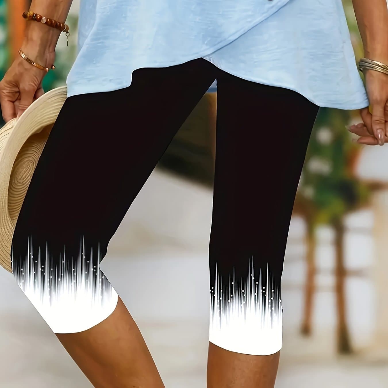 TEMU Women's Stretchy High-waisted Capri Leggings With Black & White Dot Pattern - Casual, Breathable Polyester-spandex Blend, Machine Washable, Perfect For Spring/summer/fall