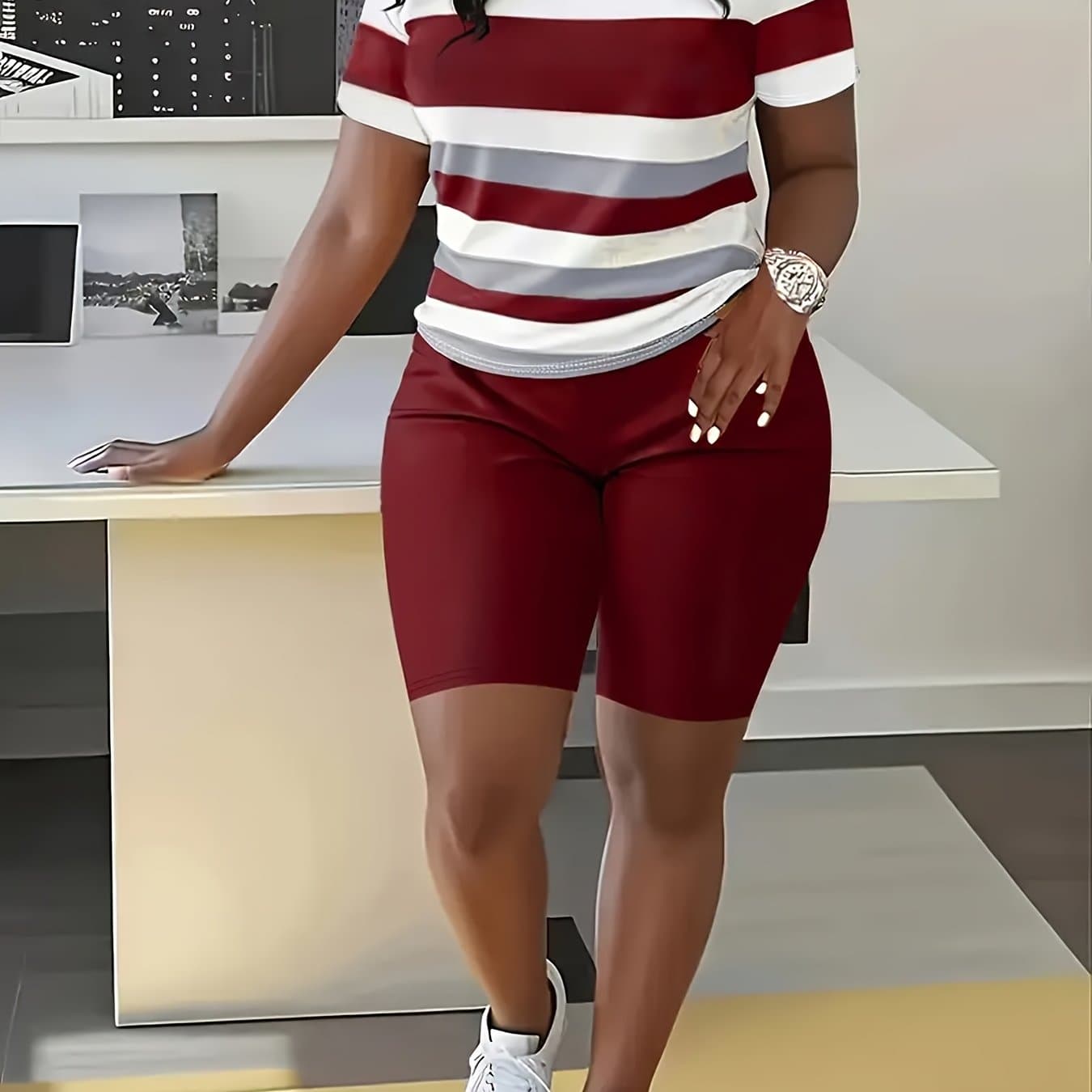 TEMU Vibrant Striped Adorable Short-sleeve T-shirt And Shorts Two-piece Outfit, Casual With A Round Neckline