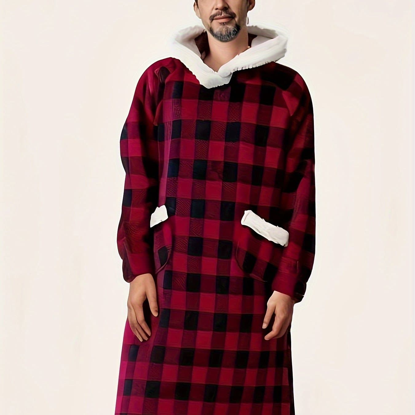 TEMU A Large-sized Lazy Flannel Hooded Bathrobe, Featuring Pockets And Warm Comfortable Long Sleeves, Suitable As Men's Loungewear Or Pullover Pajamas