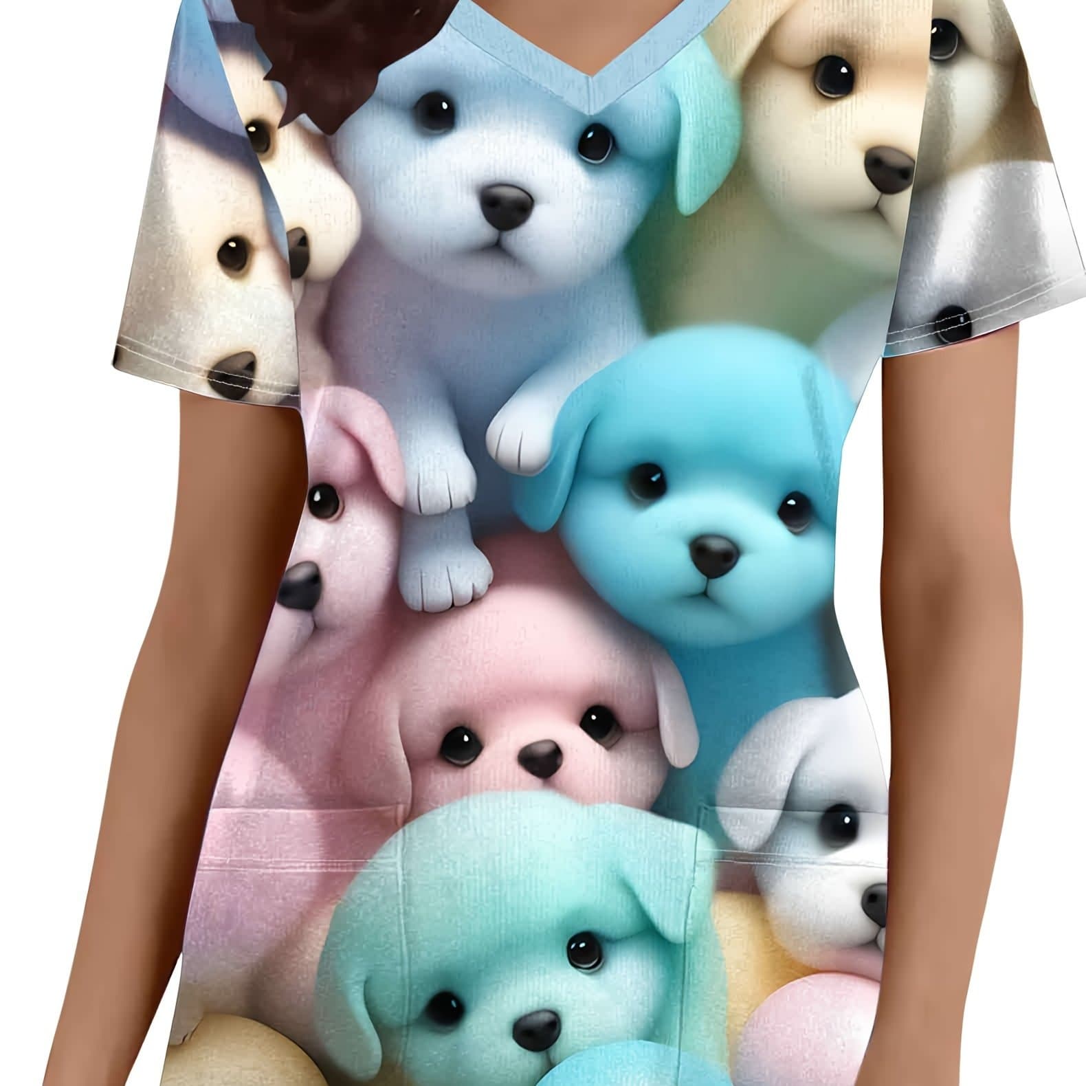 TEMU Women's , Cute Dog Print Women's Top, Soft And Cute Women's Nurse Uniform, Functional Pocket Women's V-neck T-shirt