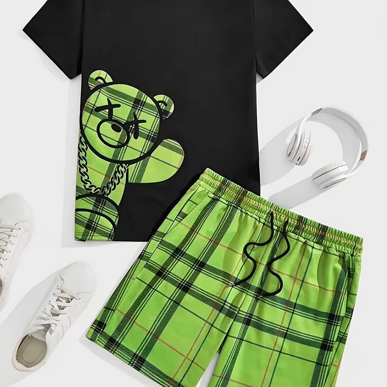 TEMU 2pcs Men's Bear Print Short-sleeved T-shirt And Shorts Pajama Set, Comfortable And Skin-friendly Men's Comfortable Loungewear