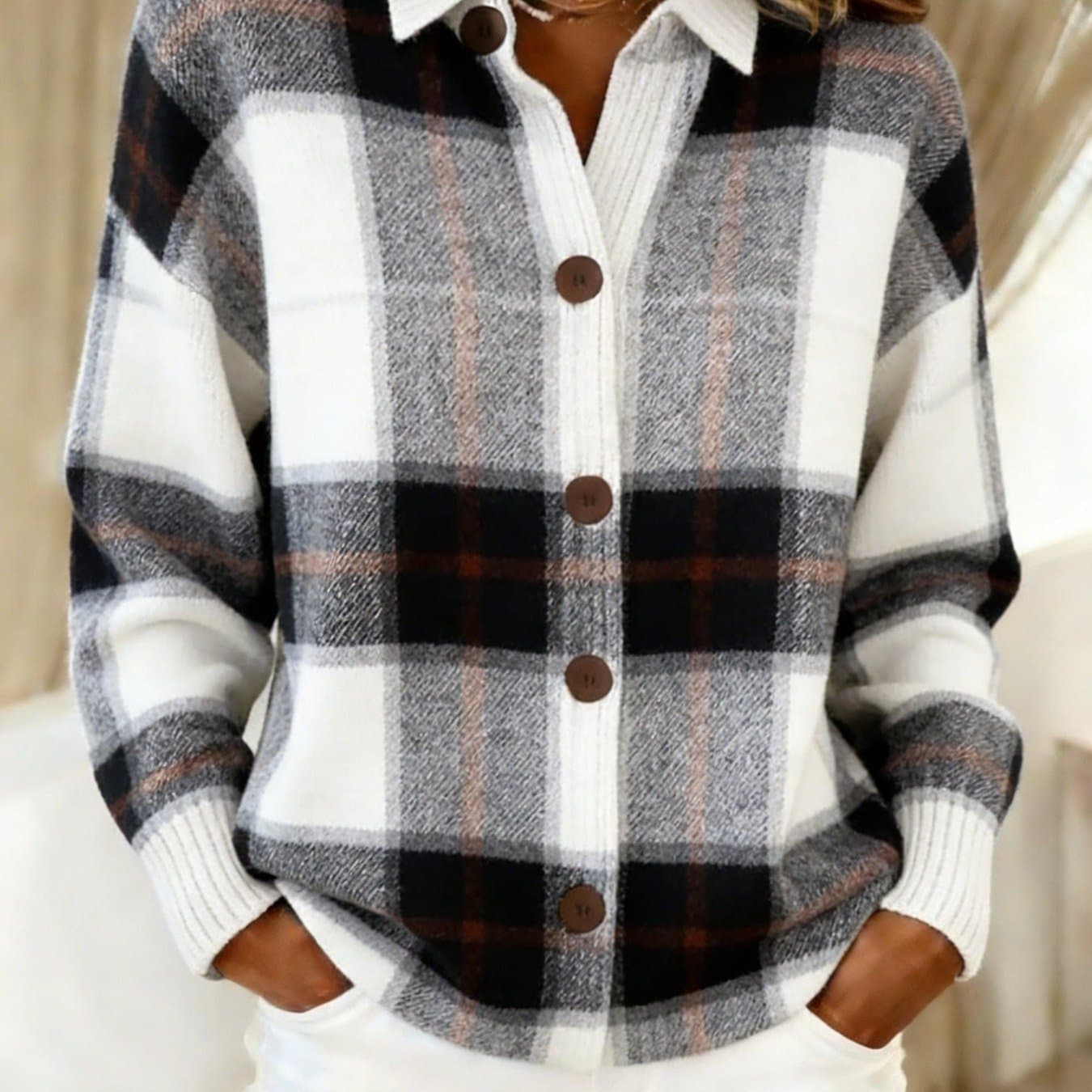 TEMU [2d Flat Pattern] Women's Classic Printed Button- Collar Casual Cardigan/outerwear For Spring And Autumn