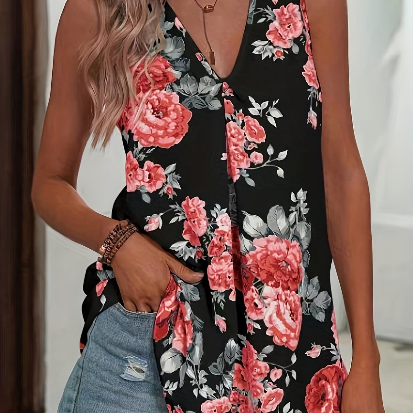 TEMU Floral Print V Neck Blouse, Casual Sleeveless Top For , Women's Clothing