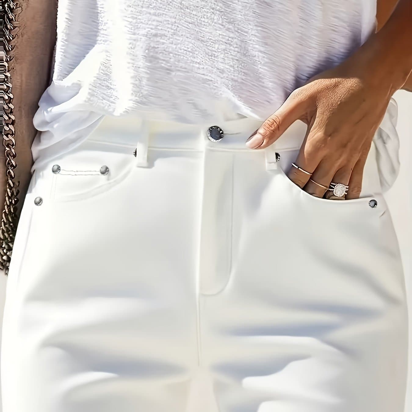 TEMU Women' Stretch Slim-fit Jeans, Rivet Design, Casual Daily Pants, Classic White Jeans, Suitable For Office, Vacation, Shopping, Style