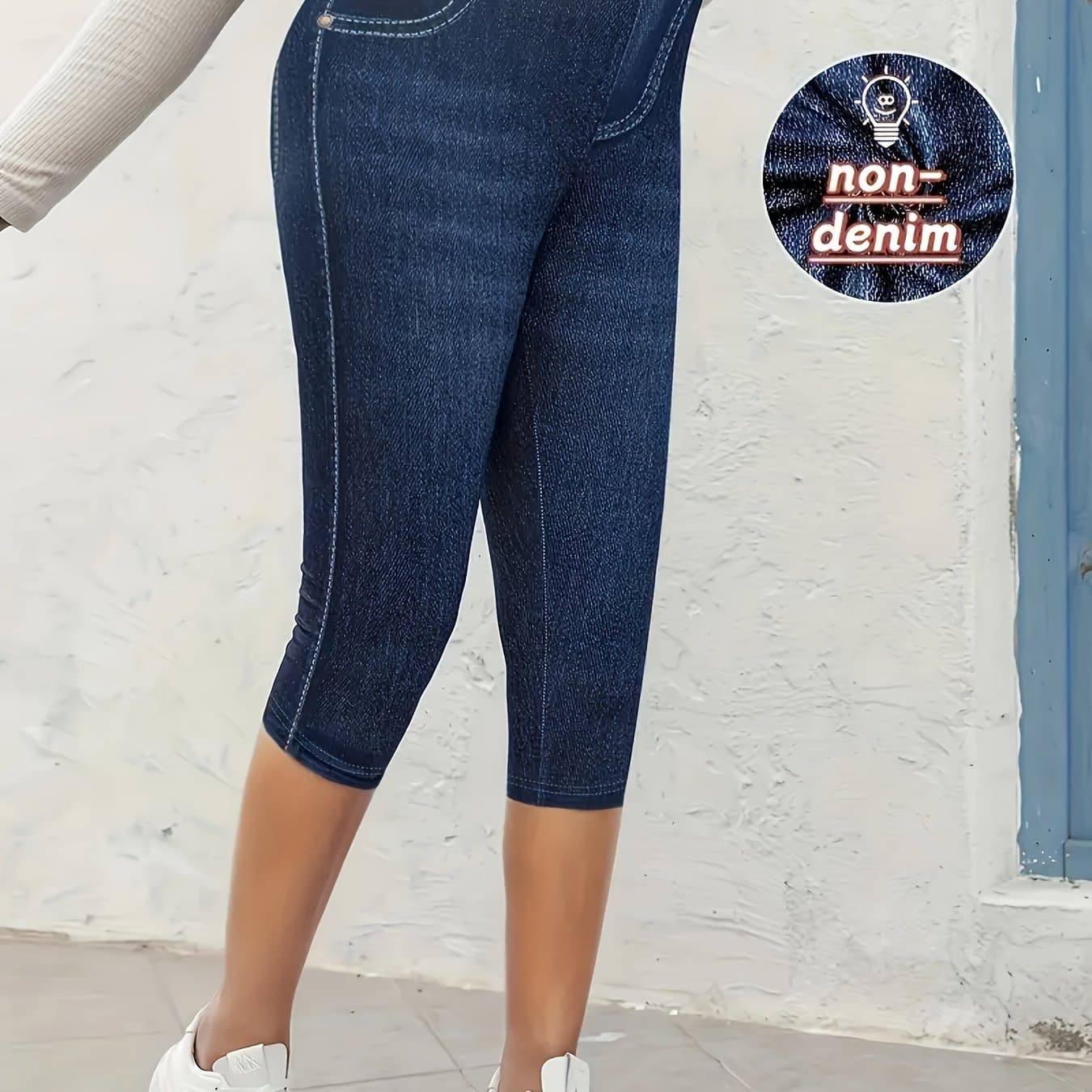 TEMU [printed Pants - Not Denim Fabric]plus Size - [printed Pants - Not Denim Fabric]plus Size - Denim-like Printed Plus Size Tight Capri Pants