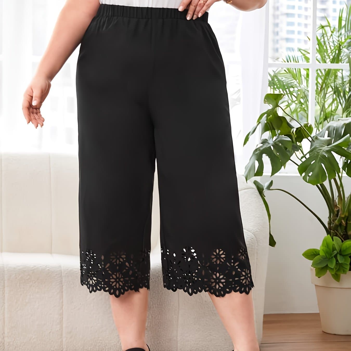 TEMU Plus Size, Plus Size Women' Color Elastic Waist Straight Leg Pants, Elegant Casual Capri Pants With Hollow-out Embroidery