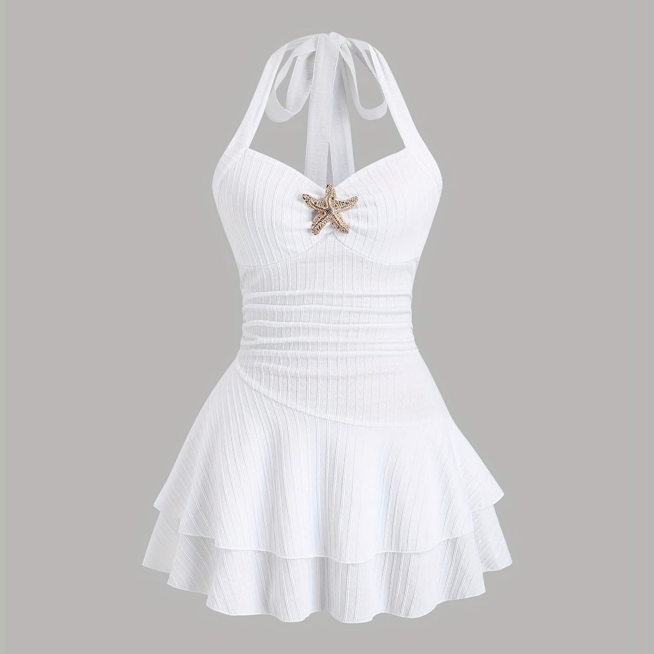 TEMU Ladies' Elegant Textured Fabric Halter Tie Mini Dress With Ruched Bust, , And Double Ruffle Hem For Spring Summer Beach Vacation