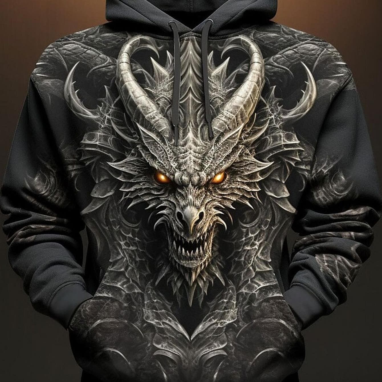 TEMU Men's Heavy Dragon Face Hoodie With Glowing Eyes- Street Style Pullover, Adjustable Hood And Front Pocket, Black And Print, Comfortable Fabric For Casual Winter Wear