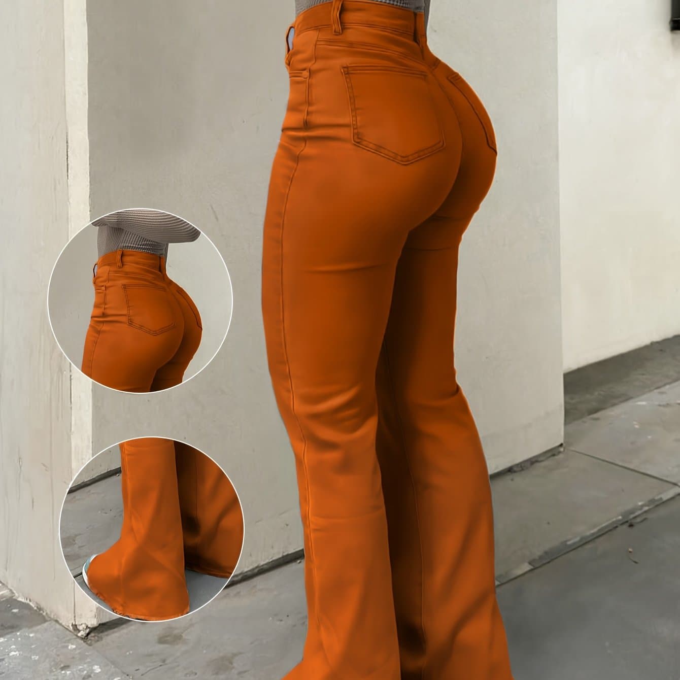 TEMU Women's Vibrant Orange Distressed Flare Jeans - Cotton Stretch Denim, Vintage High-waisted Bootcut Pants With Knee-hole Design, Comfortable And Stylish Casual Wear