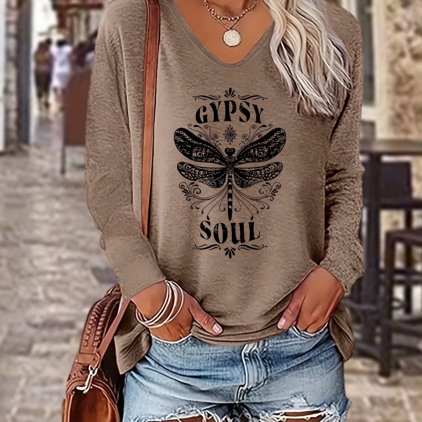 TEMU Women's Trendy V-neck Colorful Long-sleeved T-shirt With Letters And Dragonfly Pattern Print For Spring, Autumn And Winter, Street Style, Casual Wear, Breathable, Loose And
