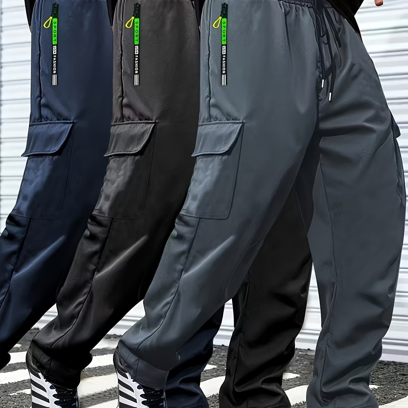 TEMU 3pcs Men's Slim Work Pants, With Drawstring Elastic Waist, Zipper Pocket And Large Patch Pocket. Comfortable And Breathable, Suitable For Outdoor And Daily Casual Wear.