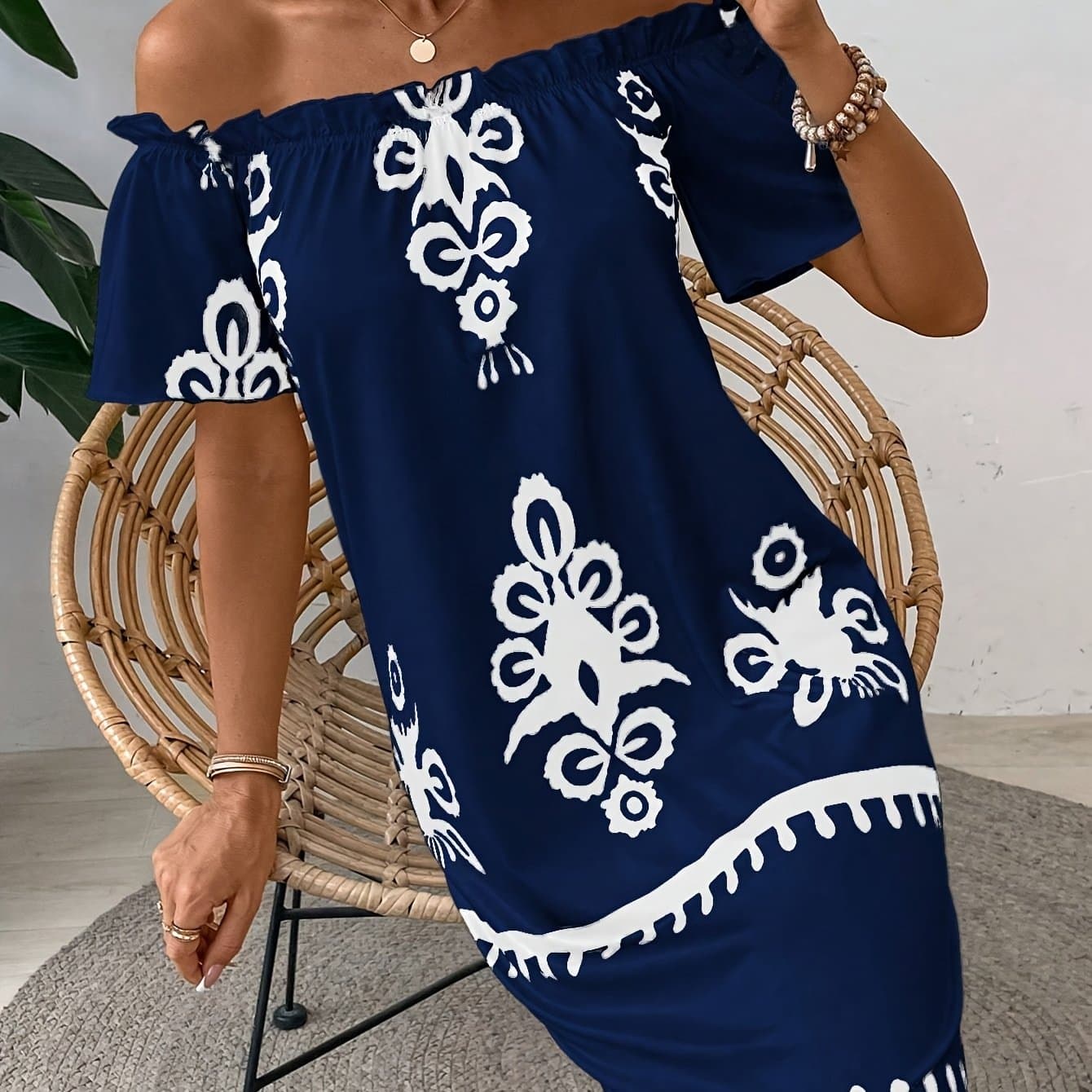 TEMU Women's Vintage Style Printed Off-shoulder Dress
