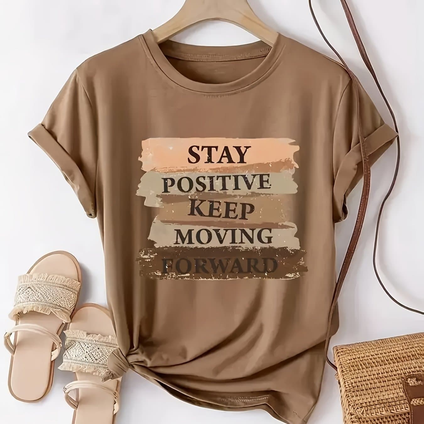 TEMU European And Positive Energy T-shirt For Women, Summer New Style "" Inspirational Quote Block Short Sleeve, Comfortable And Breathable, Suitable For Daily Casual Wear, Shows