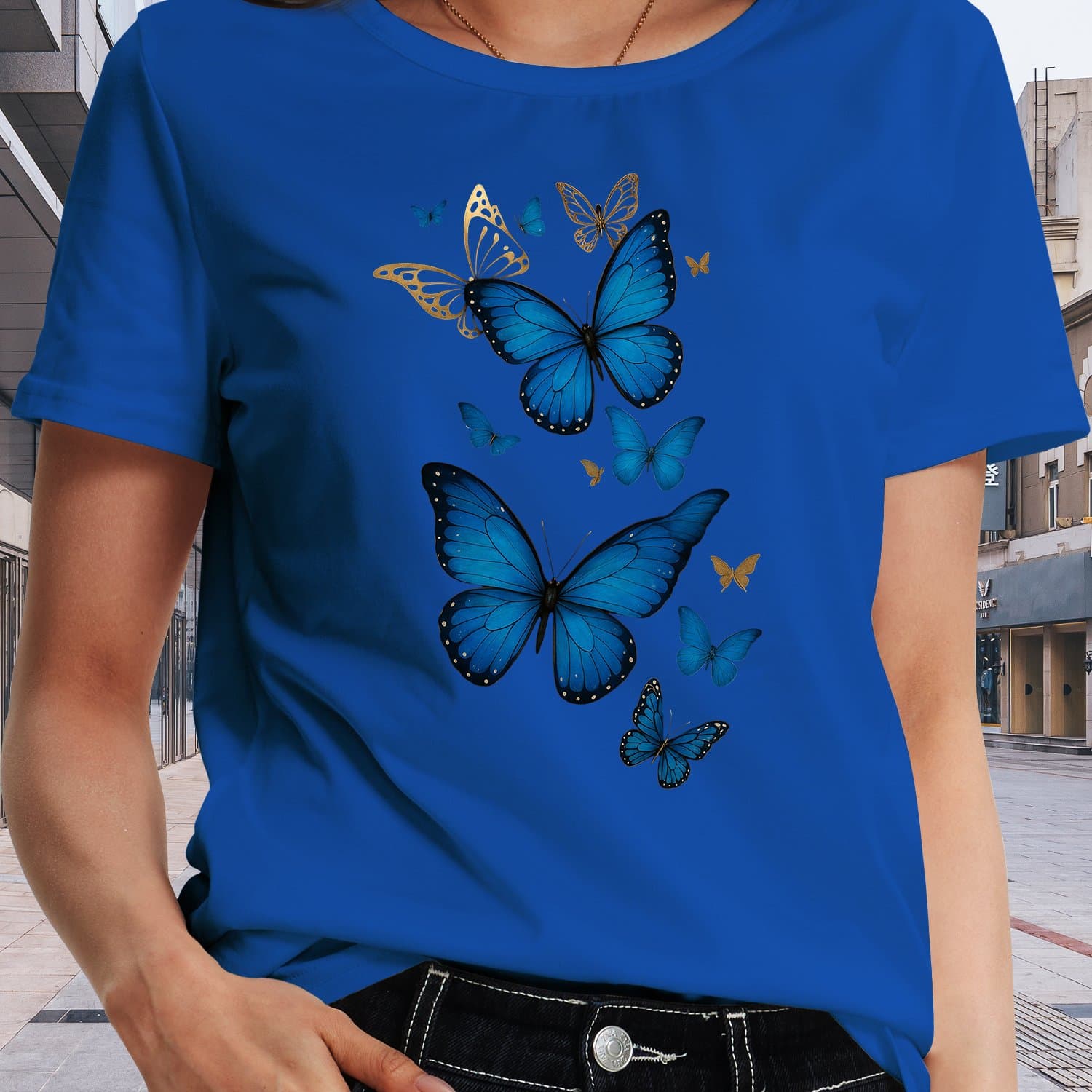 TEMU Blue Print T-shirt, Fashionable Women's T-shirt, Medium , Casual Loose Short-sleeved Top, Women's Clothing