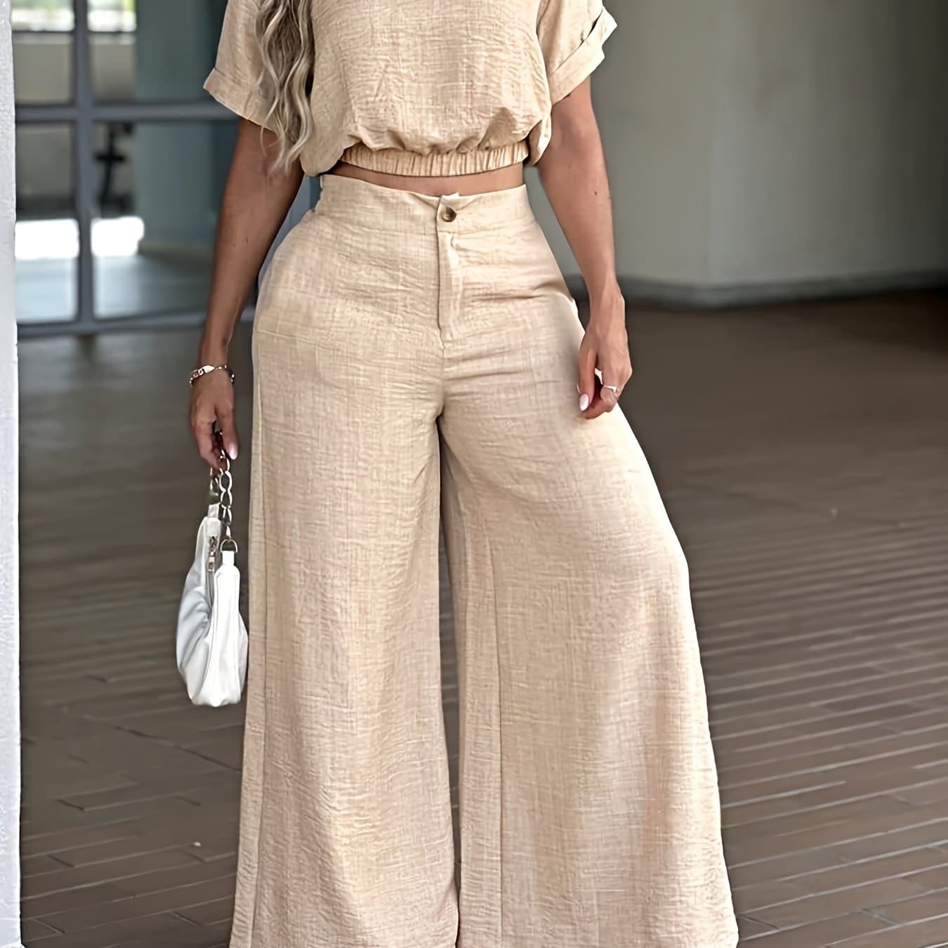 TEMU New Women's Elegant Solid Color Cropped Top With Lapel Collar And Elastic Hem, Casual Zipper Wide Leg Pants With Elastic Back Waistband 2pcs Set