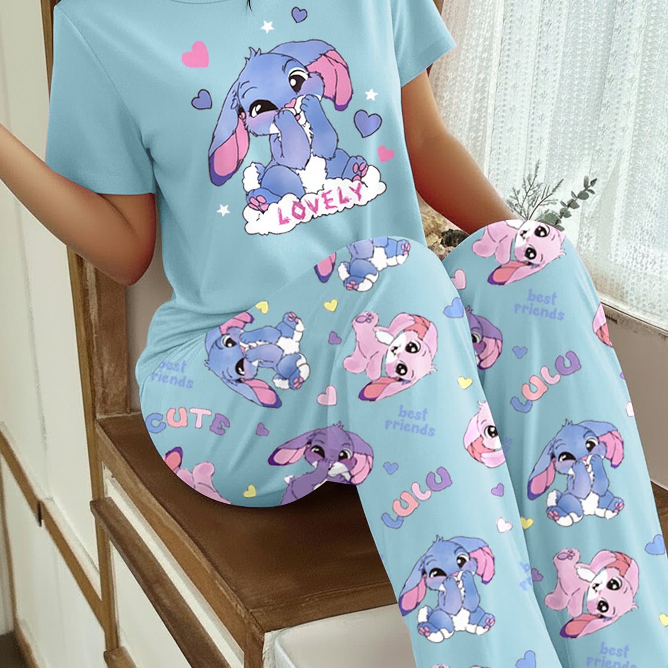 TEMU Ladies' Blue And Print Crew Neck Short Sleeve Top And Full Print Rabbit Long Pants Casual Cute Pajama Set | Perfect For Adults, All