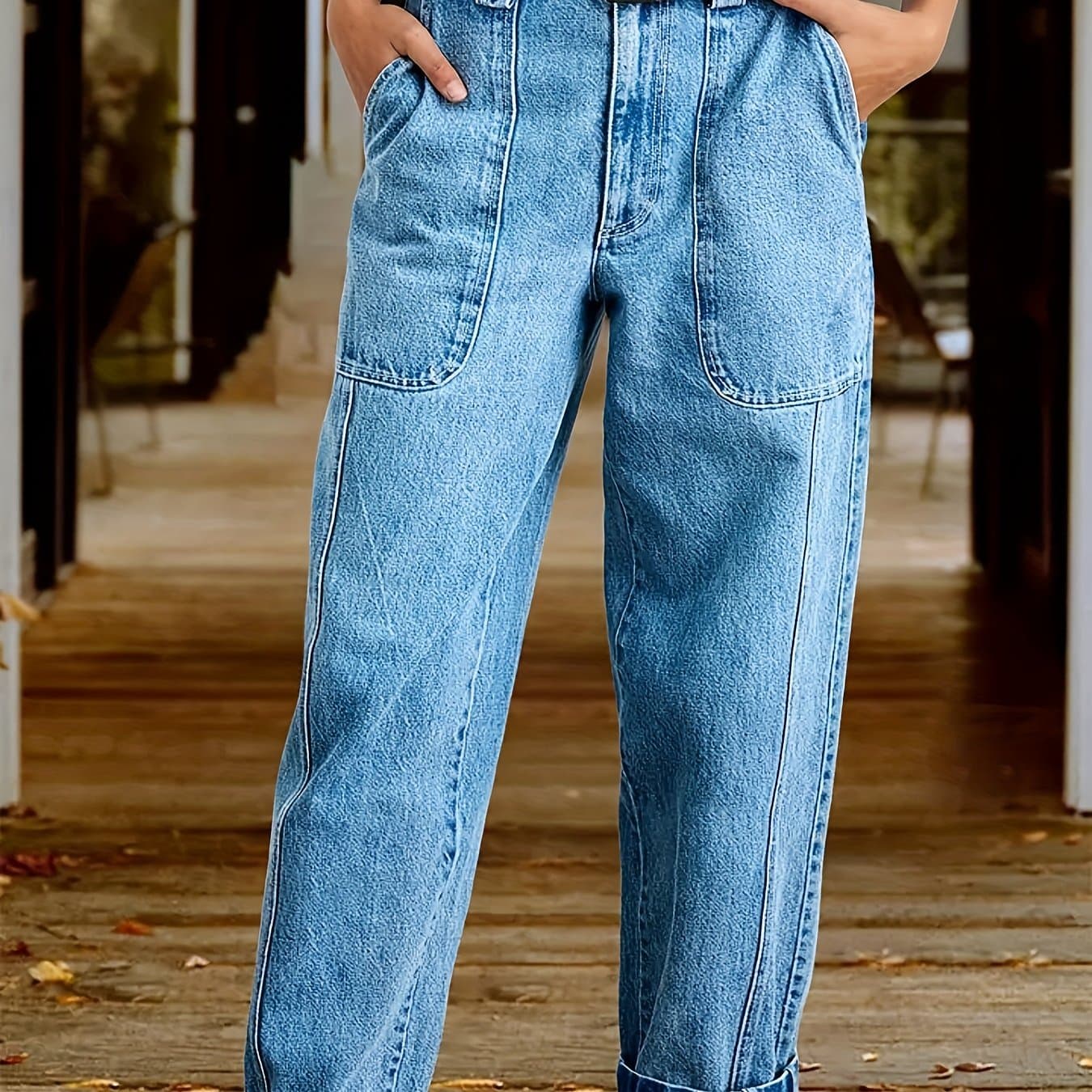 TEMU Hme Women's Stretch Straight-leg Jeans, Oversized Pockets, Leg , Stretchy And Comfortable, Baikal Lake Color, Stylish