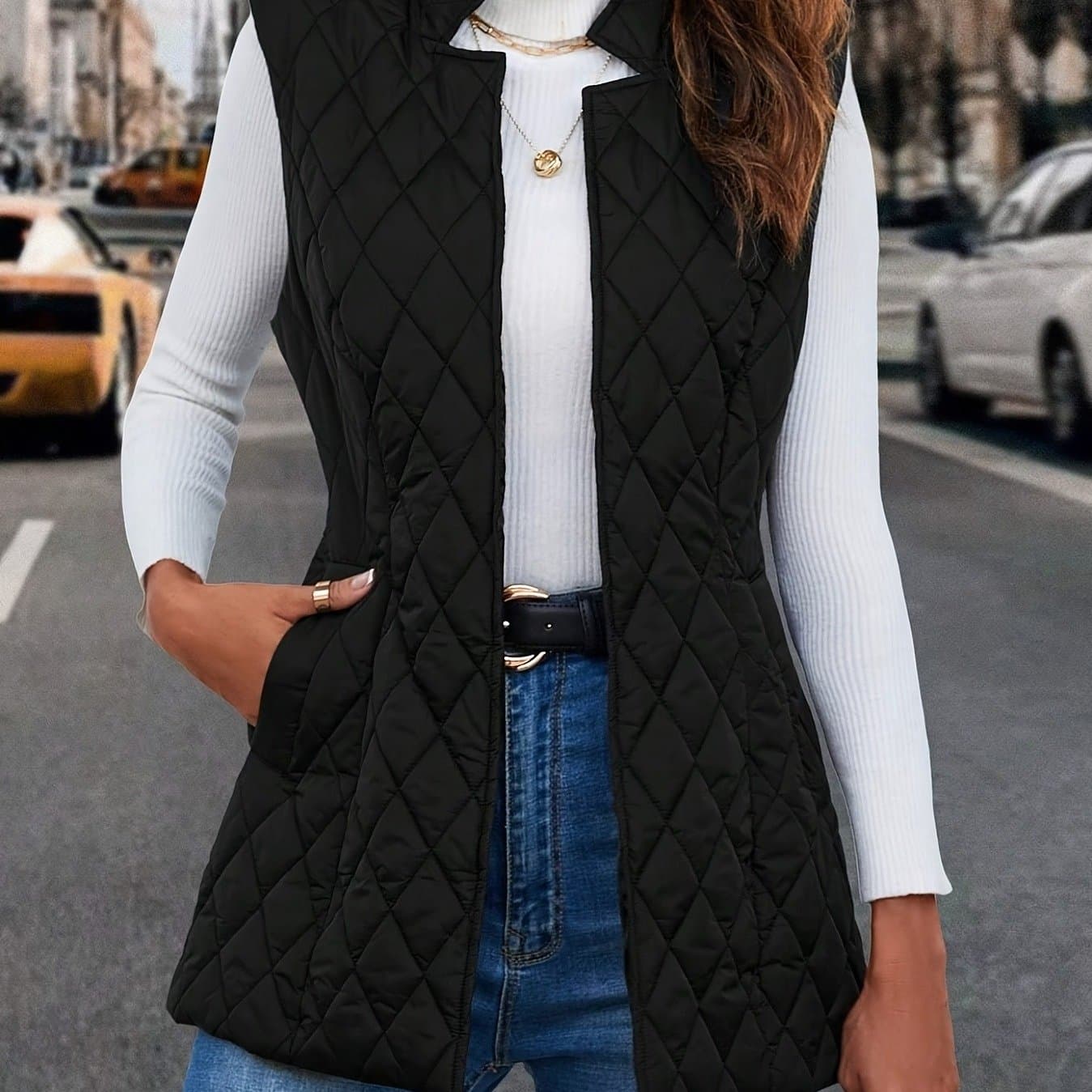 TEMU Versatile Black Vest, Waist, Diamond-patterned Quilted, Mid-length Sleeveless Vest Jacket