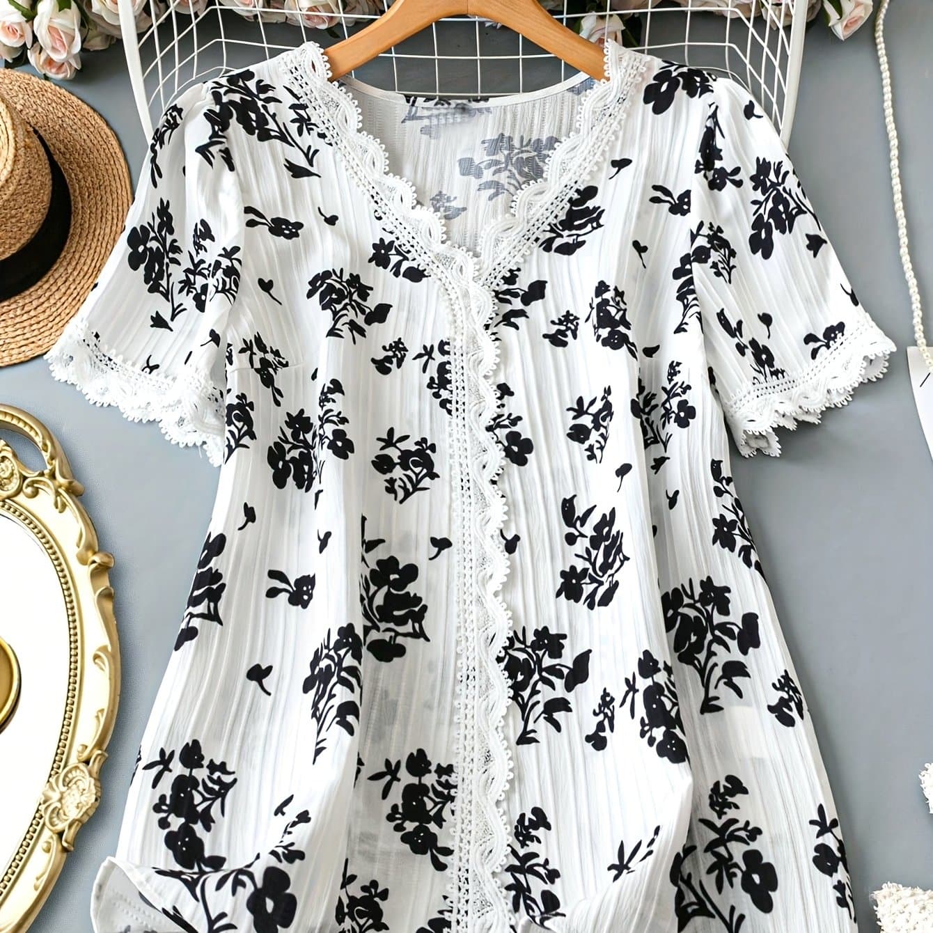 TEMU Plus Size Women's Floral Print V-neck Lace Trim Blouse - Elegant Casual Short Sleeve Shirt, Machine Washable H- For Wear, Clothing, Top, Nontransparent Fabric
