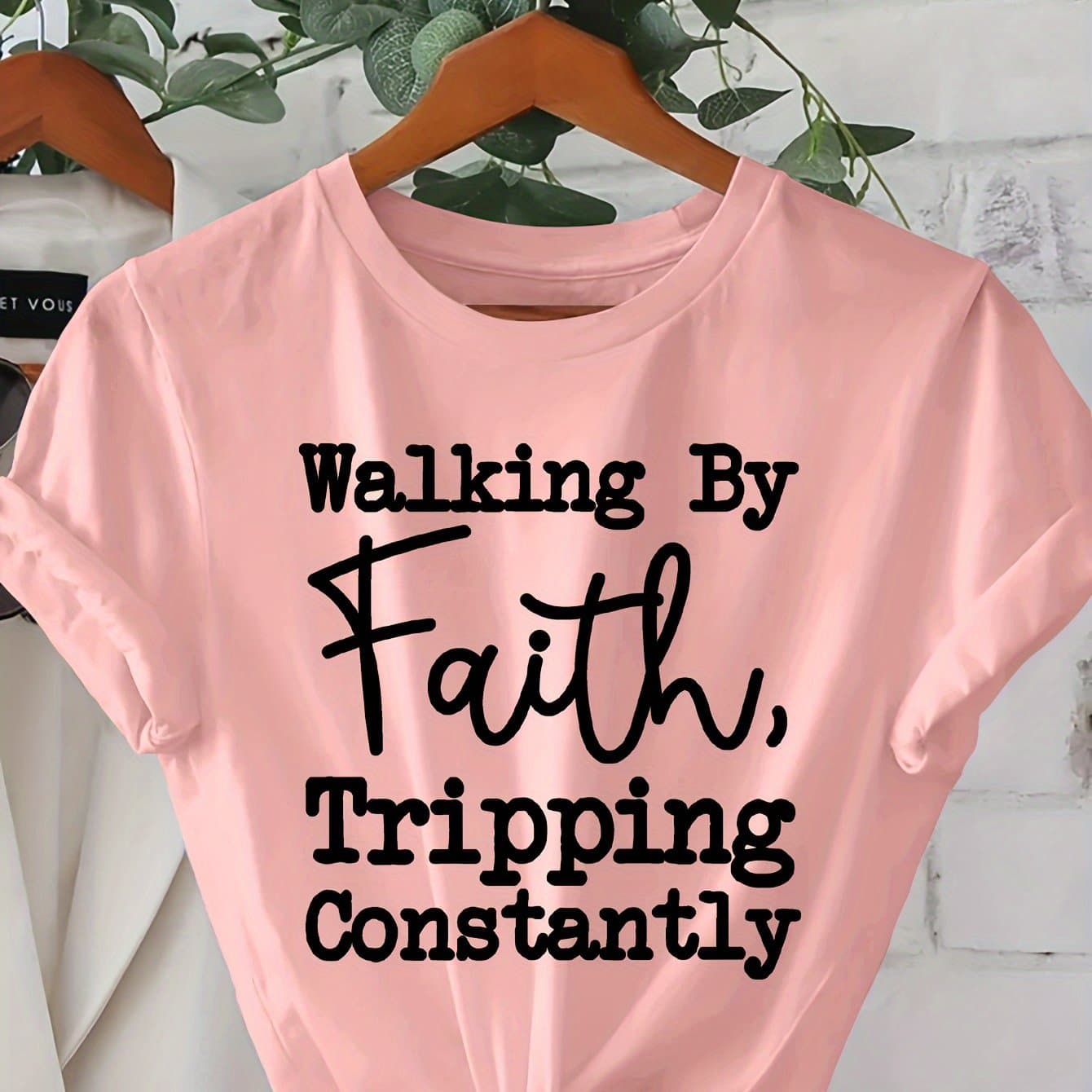TEMU Christian Funny T-shirt "walking " Print - Pink Short Sleeve Casual Tee With Faith Message, Round Neck Humorous Top For Church Group & Casual Attire