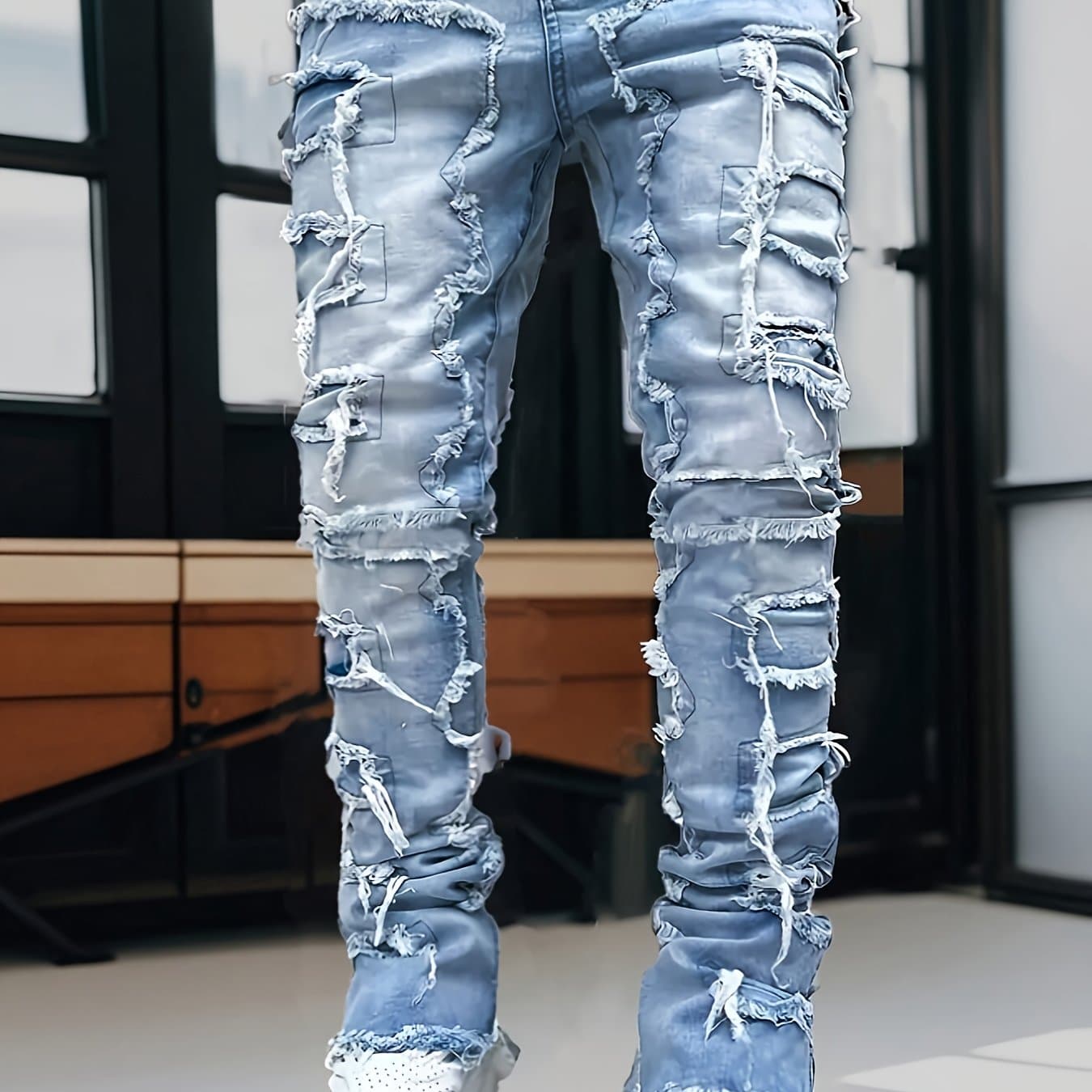 TEMU Men's Slim-fit Distressed Frayed Hem Jeans - Stretch Denim With Mid-rise Waist & Tapered Cuff, 64% Blend, Casual Pants For Outdoor & Casual Attire
